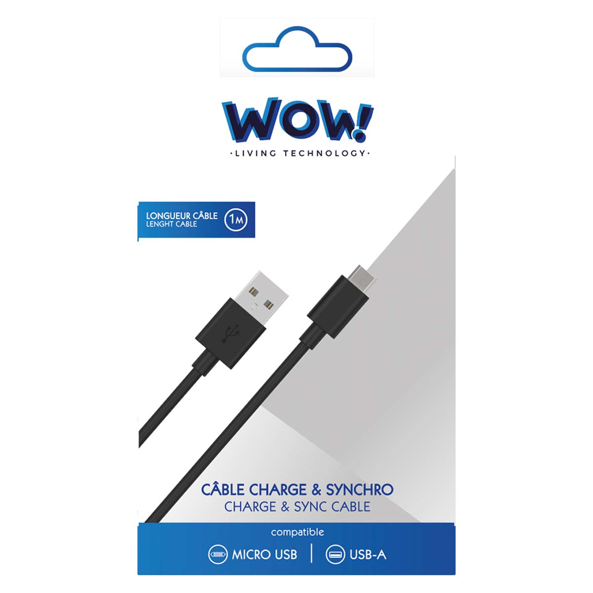 Un cavo USB nero su sfondo bianco. La confezione dice "WOW!" e "CÂBLE CHARGE & SYNCHRO". È compatibile con Micro USB e USB-A.