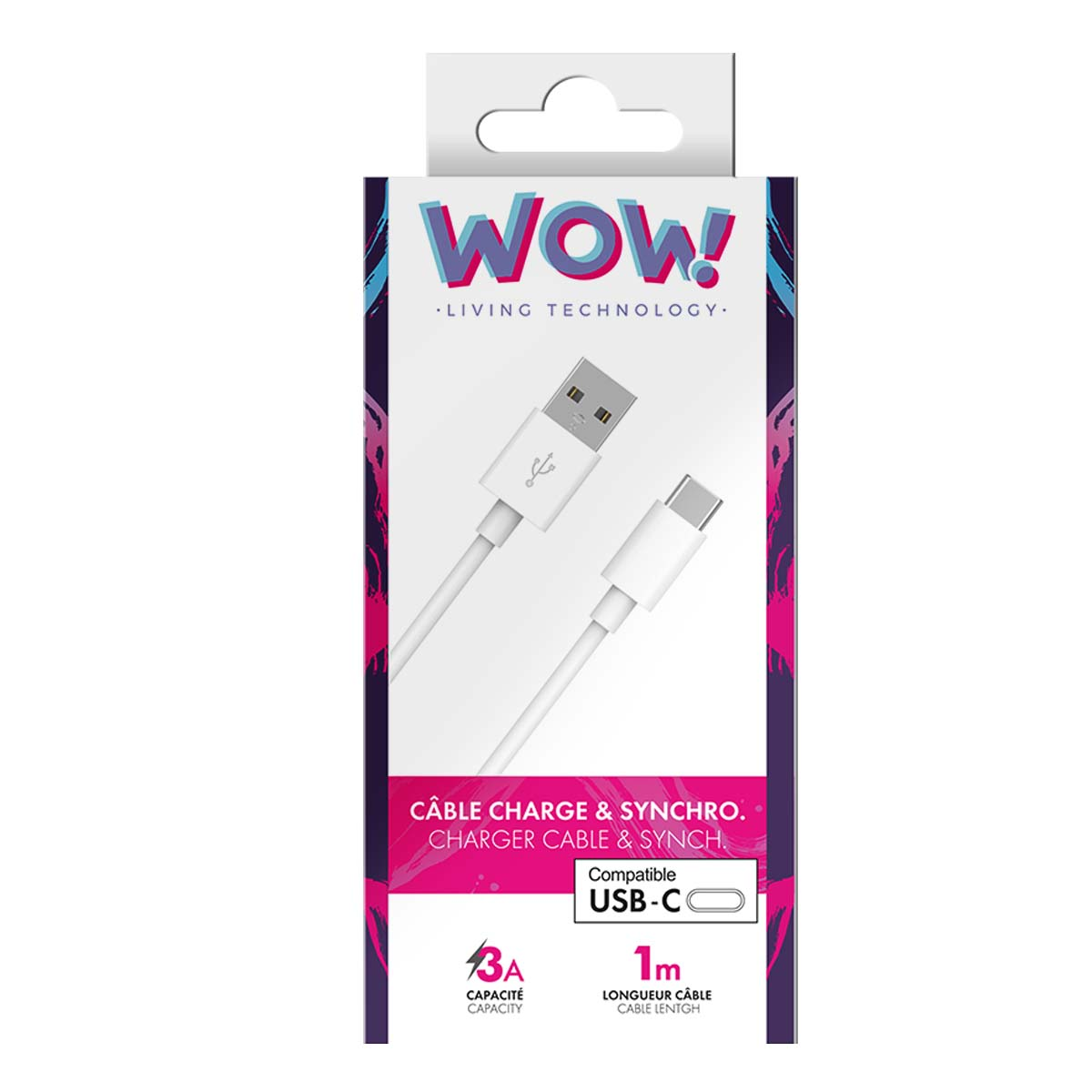 Cavo di ricarica USB-C bianco su confezione a marchio WOW!. Il testo include 'CÂBLE CHARGE & SYNCHRO', 'USB-C' e '3A'.