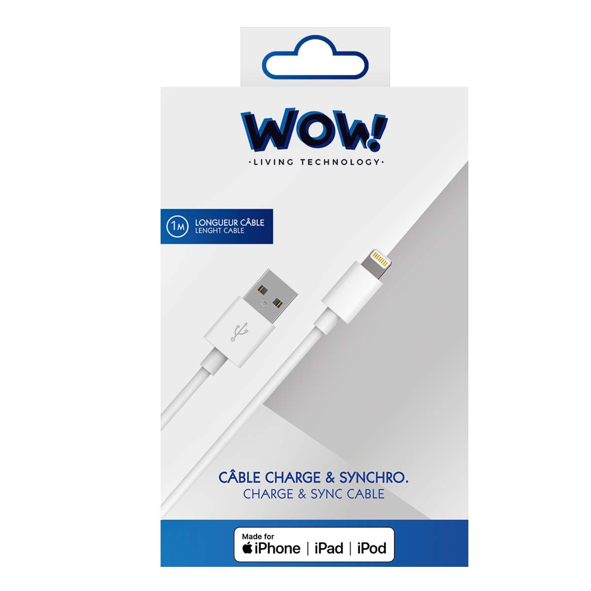 Câble de chargement blanc pour iPhone, iPad et iPod, avec le logo 'WOW!' et le texte 'CHARGE & SYNC CABLE' sur l'emballage.