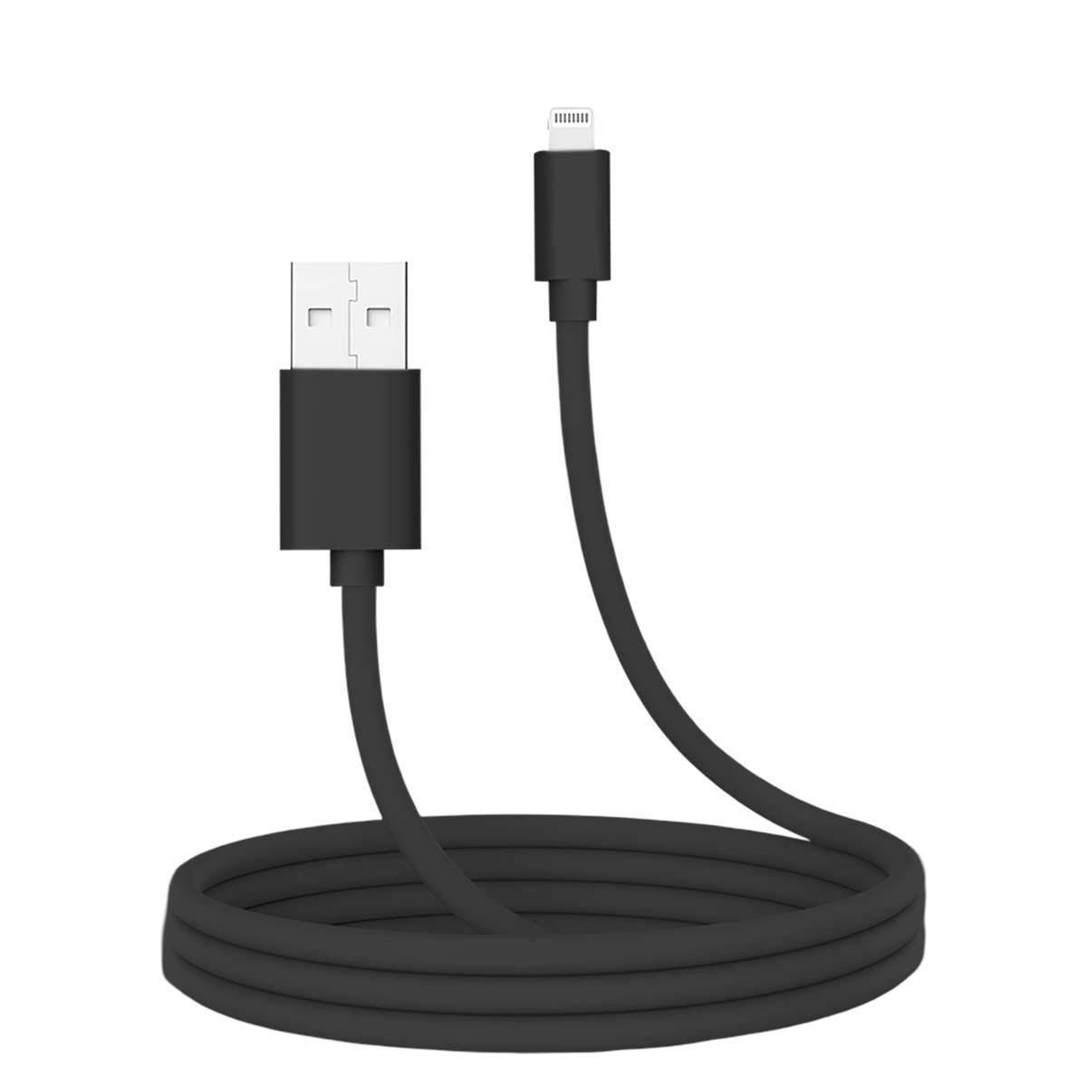 Un câble de chargement noir avec un connecteur USB et un connecteur Lightning, enroulé en bas, sur fond blanc.