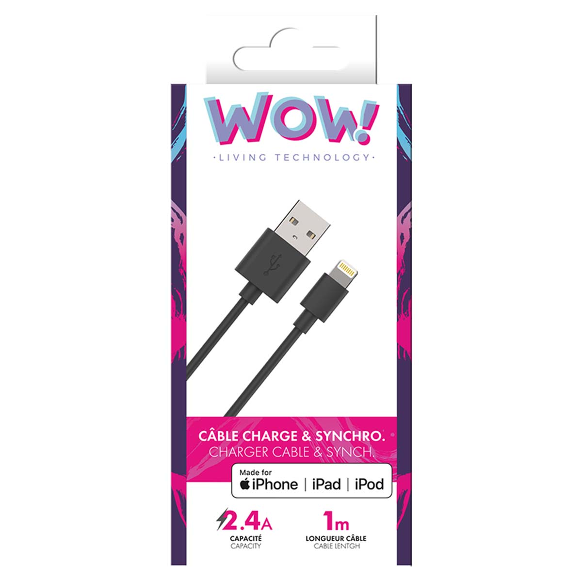 Un câble USB vers Lightning noir pour iPhone, iPad et iPod, sur un emballage avec le logo WOW et les spécifications.