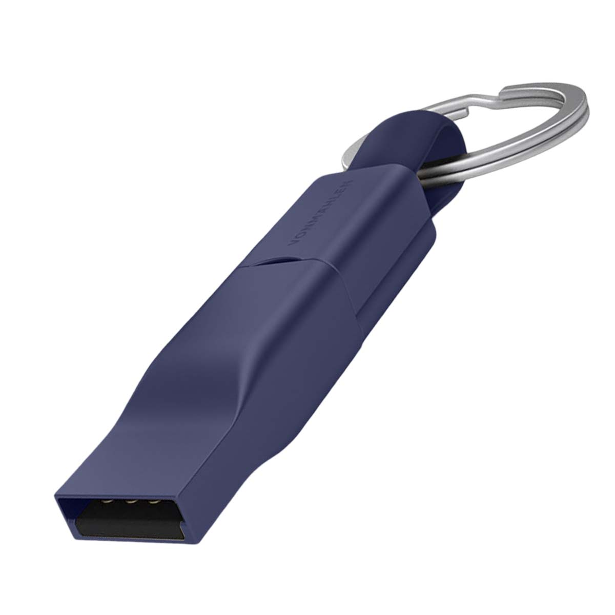 Una chiavetta USB blu navy con portachiavi argentato. La chiavetta USB ha una forma rettangolare e il marchio è visibile.