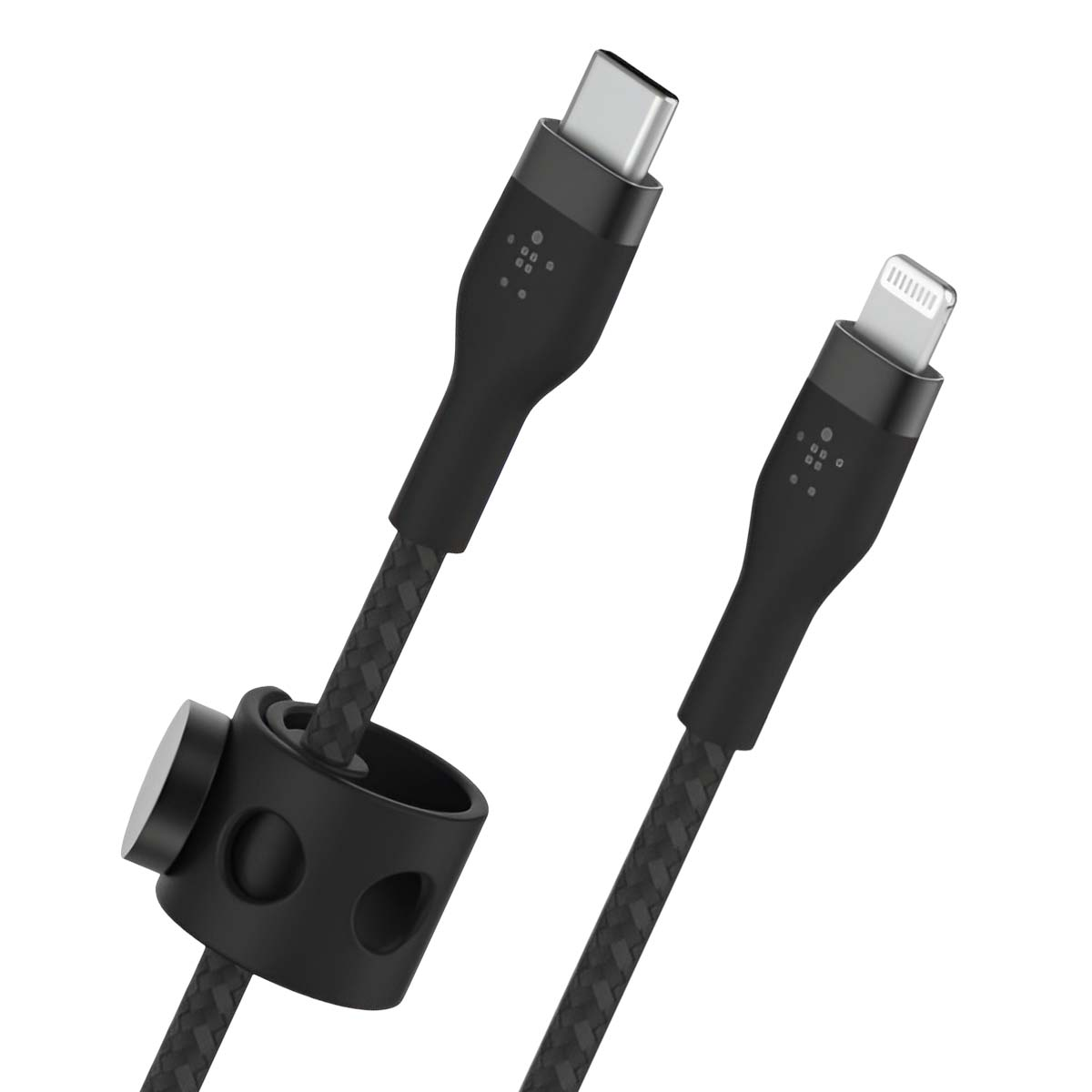 Dwa czarne kable ładujące, jeden USB-C, jeden Lightning, połączone z czarnym uchwytem. Kable mają pleciony wzór.