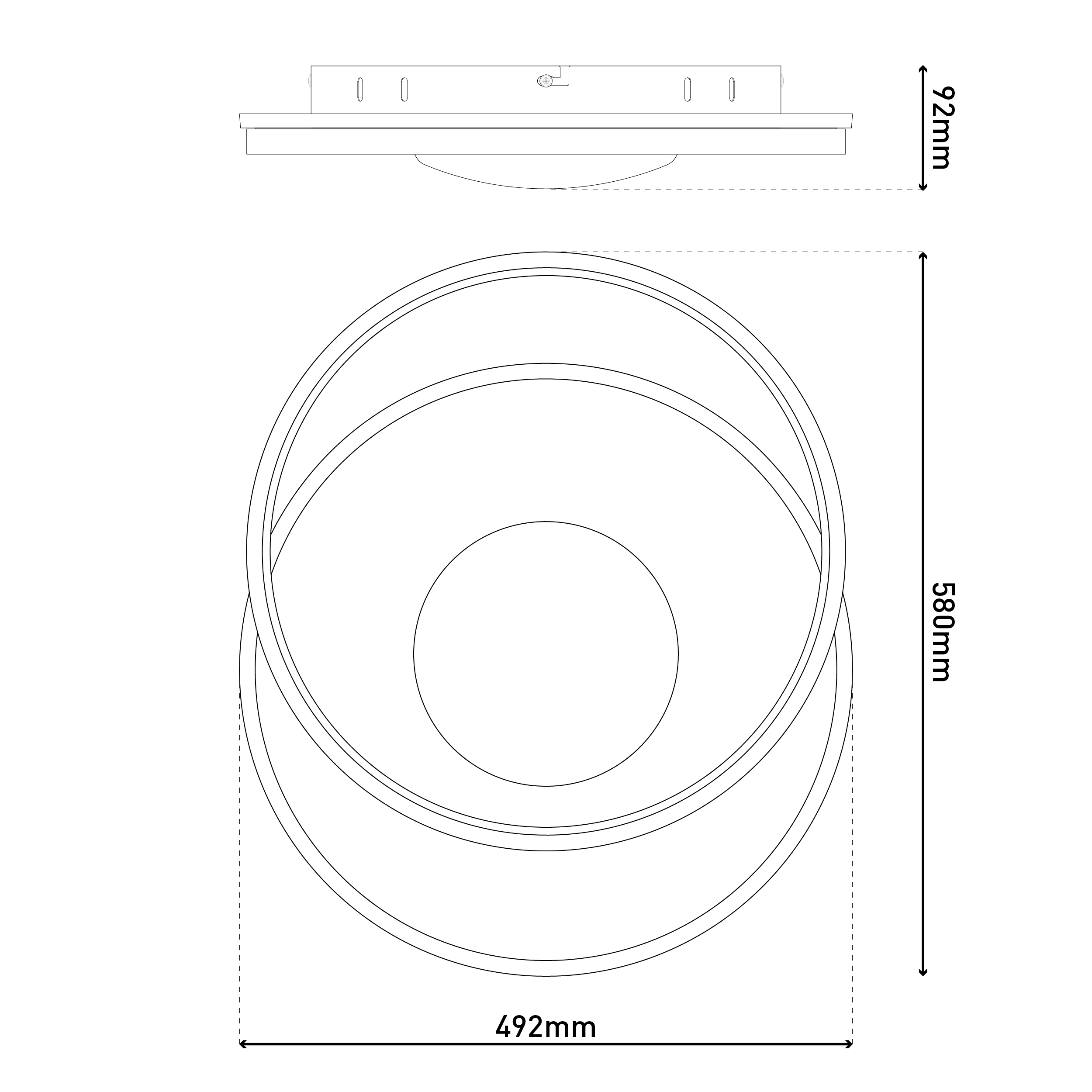 Schwarz-Weiß-Illustration einer Deckenleuchte. Maße: 92 mm, 580 mm und 492 mm.