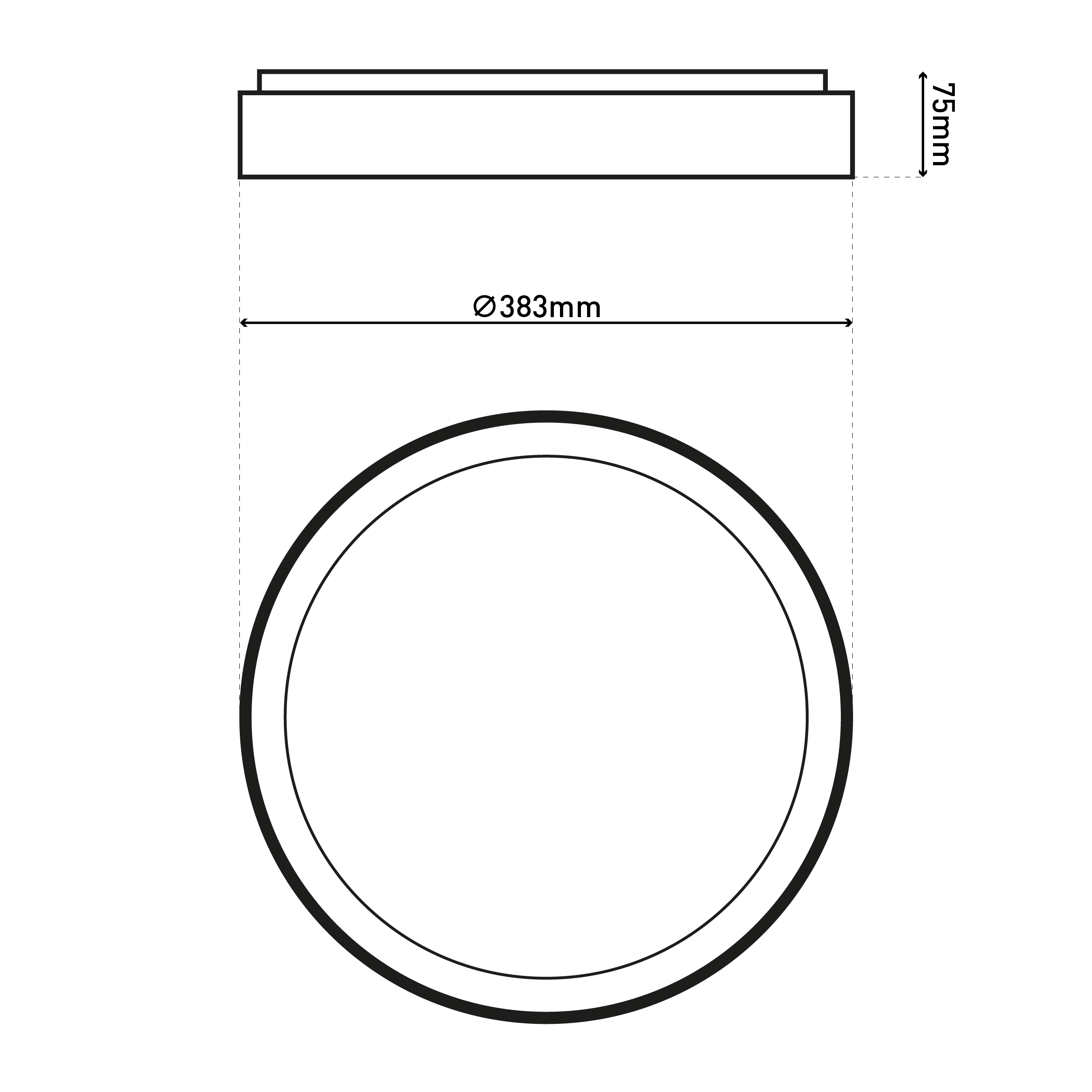 Diagramm eines kreisförmigen Objekts mit Abmessungen. Es zeigt eine Draufsicht, eine Seitenansicht und Abmessungen in mm.
