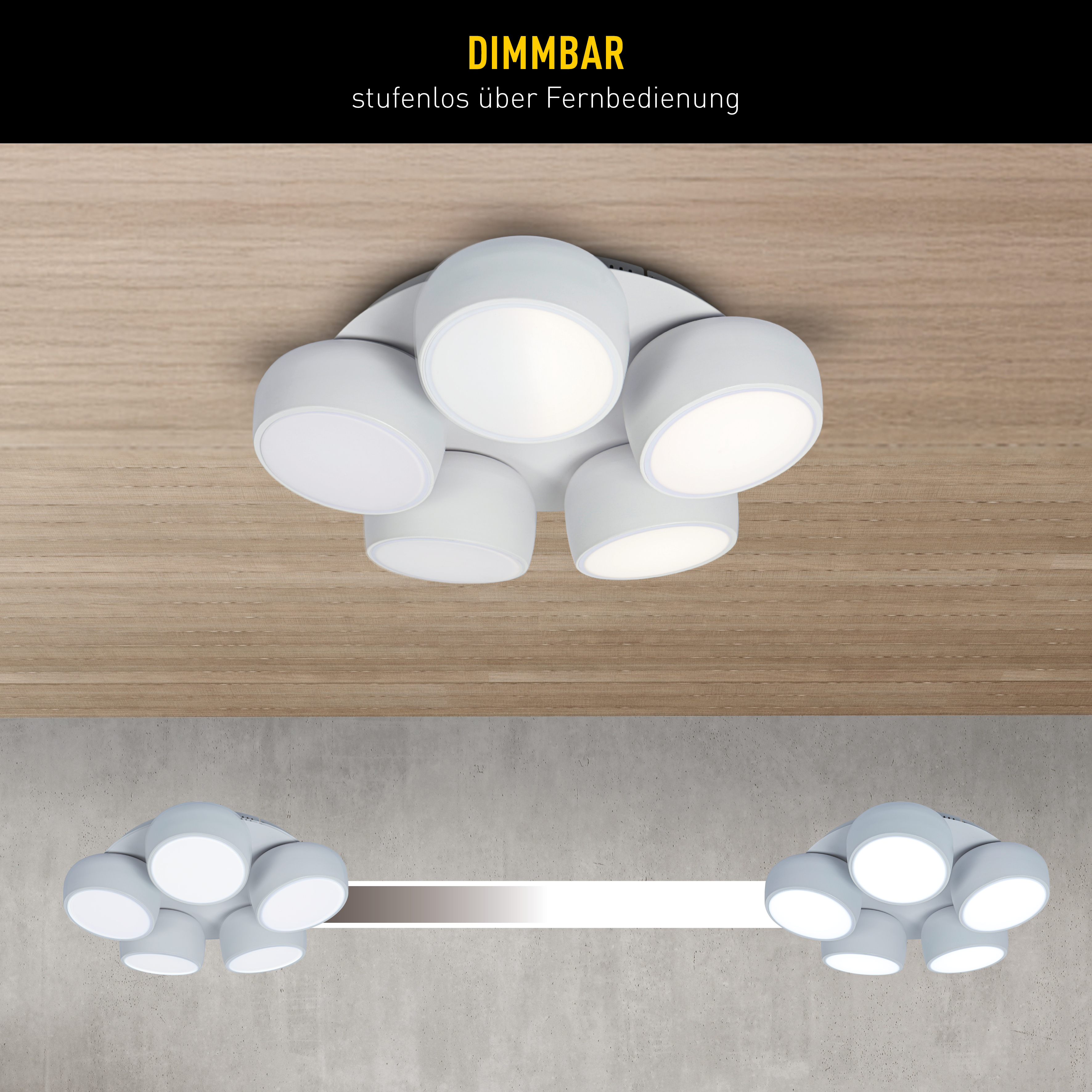 Moderne Deckenleuchte mit sechs Lampen. Das Bild zeigt eine Leuchte auf Holz- und Betonhintergründen.