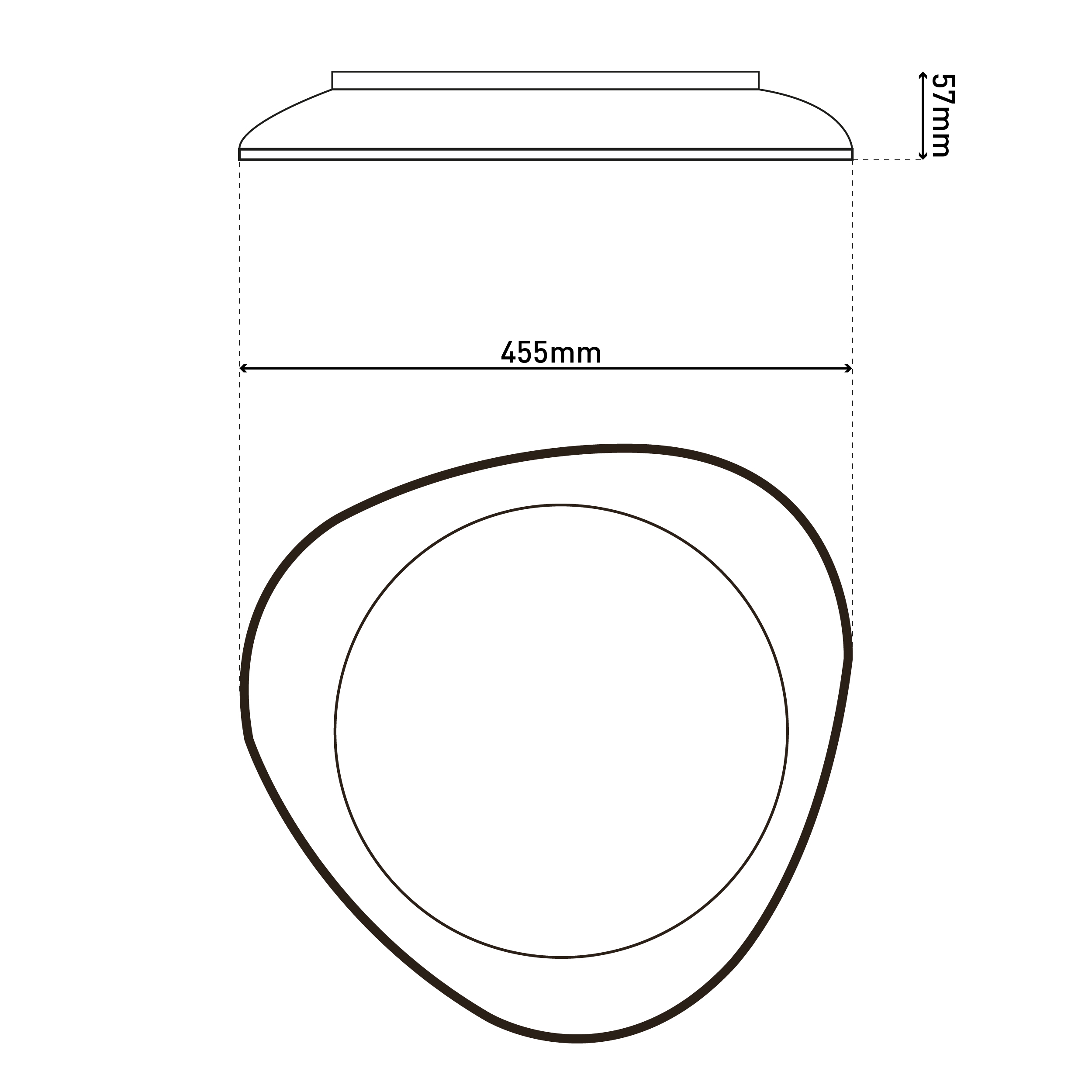 Ein Diagramm zeigt die Abmessungen einer Lampe. Es hat eine Breite von 455 mm, eine Höhe von 57 mm und eine einzigartige Form.
