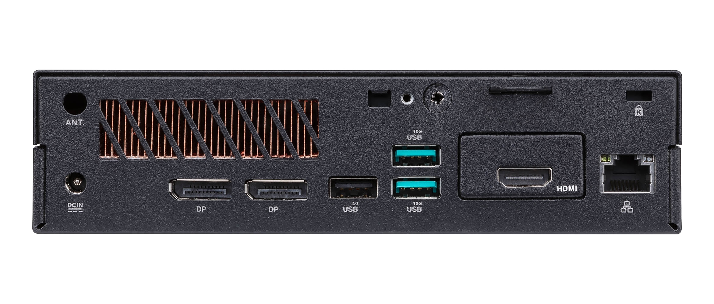 Czarny panel tylny komponentu komputera z portami, otworami wentylacyjnymi i złączami. Wyświetla porty HDMI, USB, DP i Ethernet.