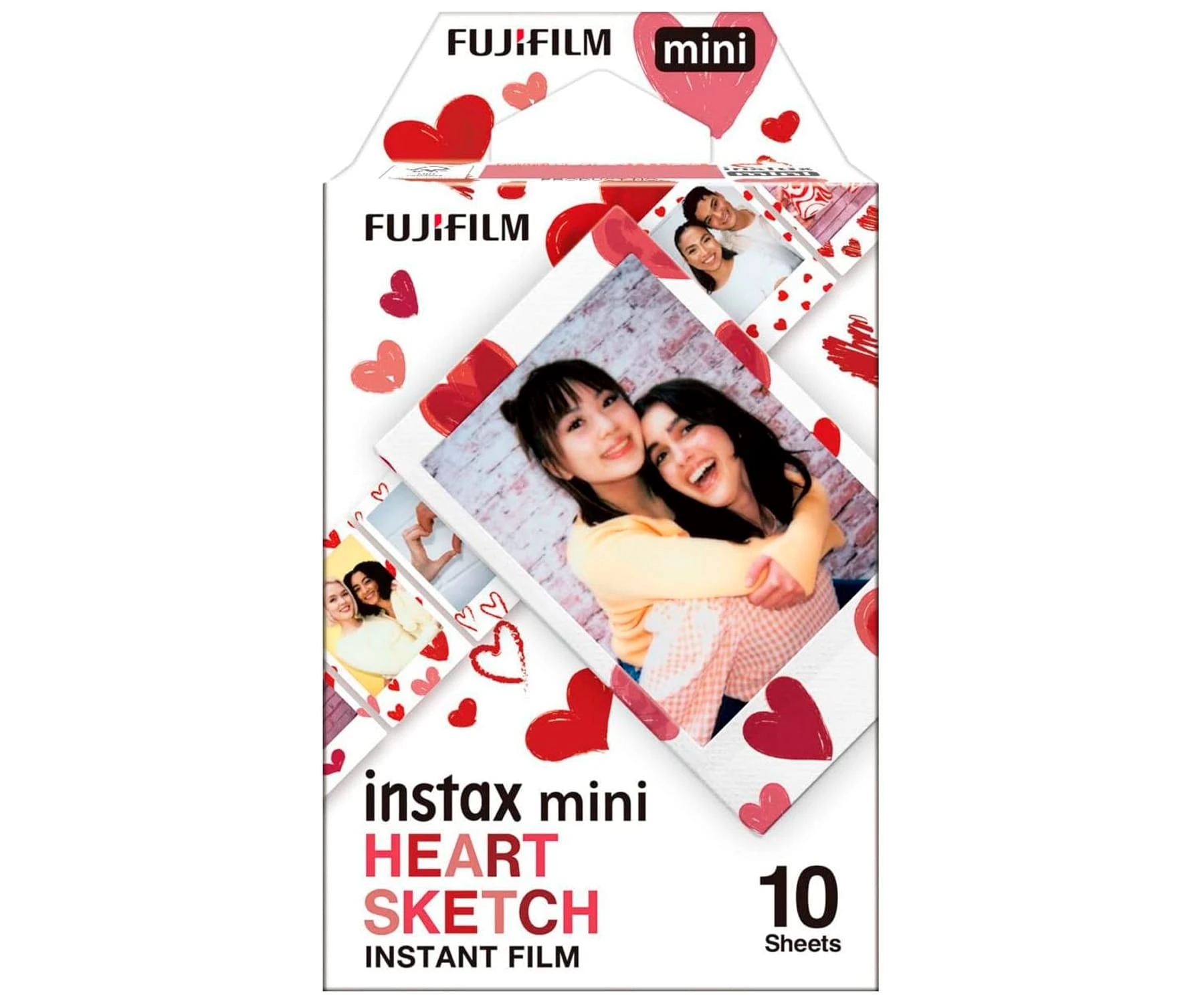Pudełko z filmem Instax Mini Heart Sketch. Dwie uśmiechnięte kobiety obejmują się na zdjęciu. Widoczne czerwone serca i logo Fujifilm.
