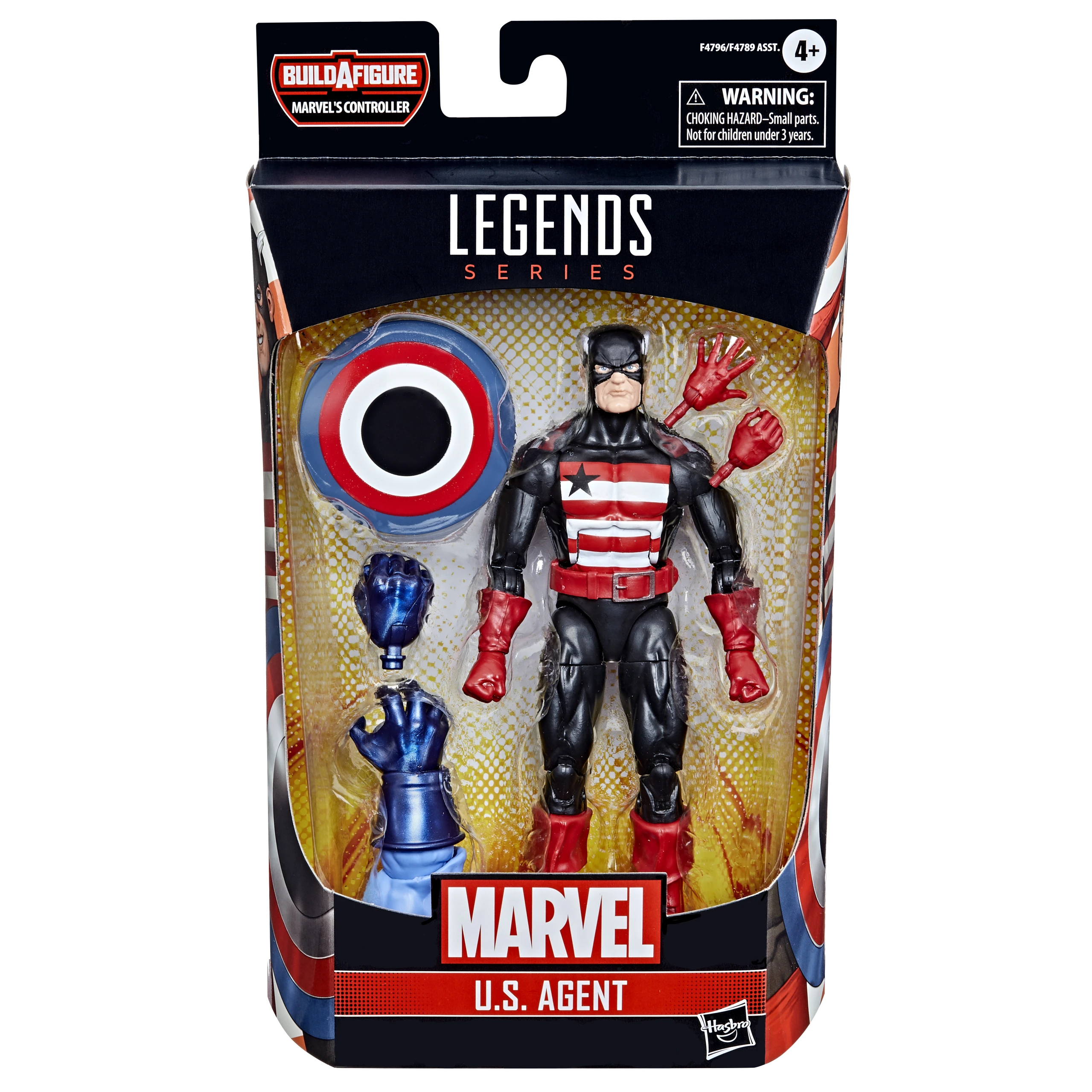 Una action figure Marvel Legends di U.S. Agent in una scatola. Indossa un costume nero e bianco con guanti rossi.