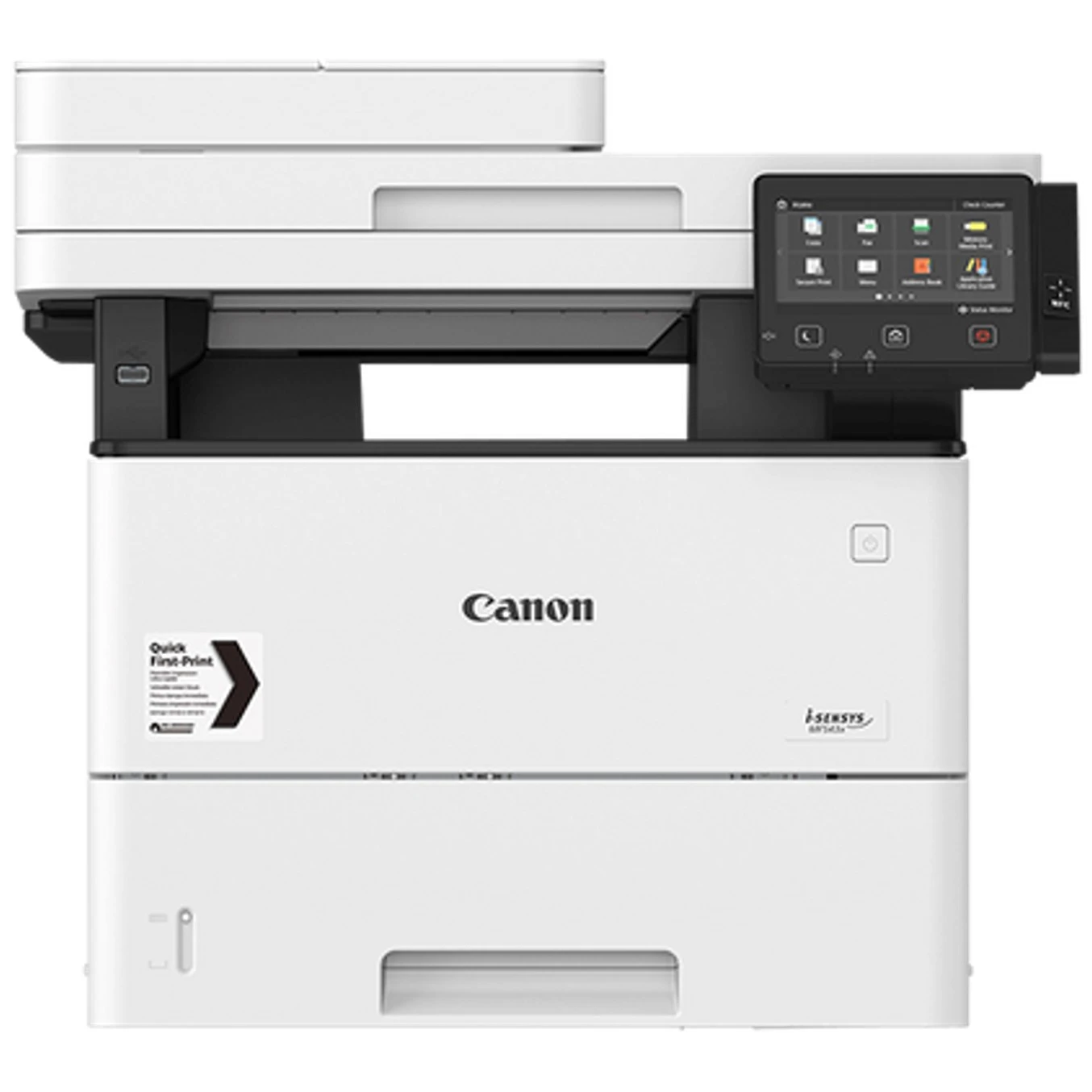 Biała drukarka Canon i-SENSYS MF643Cdw z panelem dotykowym. Drukarka ma etykietę „Quick First-Print”.