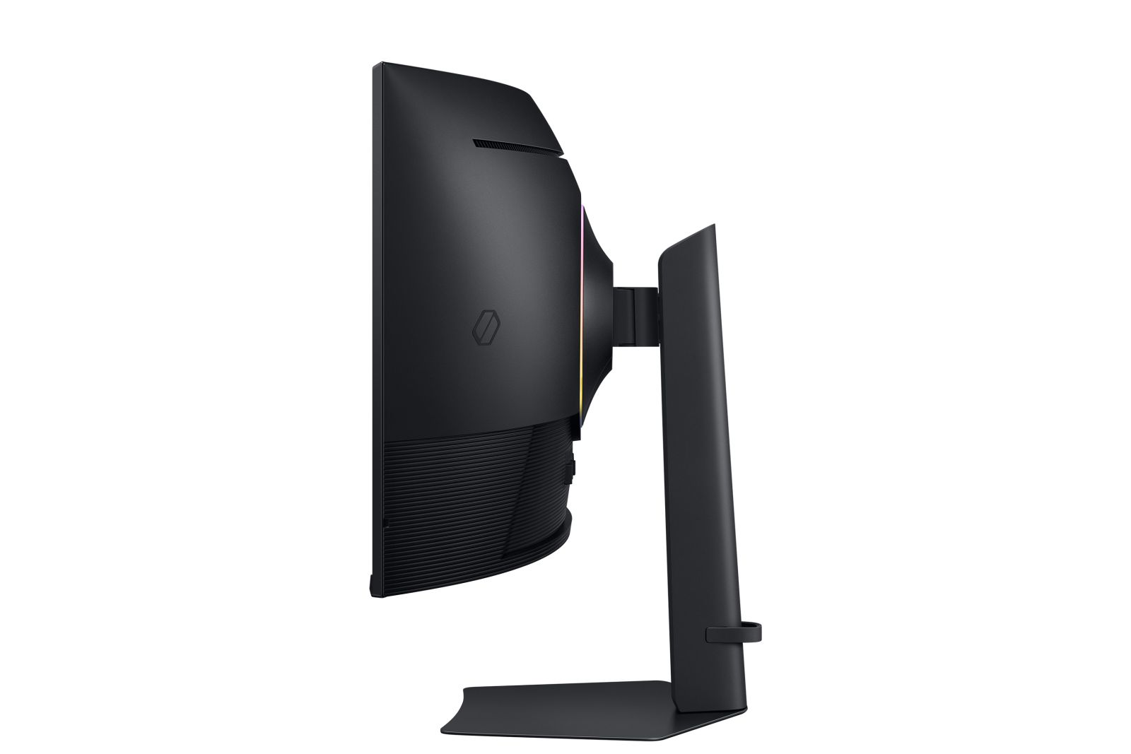 Widok z boku zakrzywionego czarnego monitora komputera. Ma podstawę i elegancki design, na białym tle.