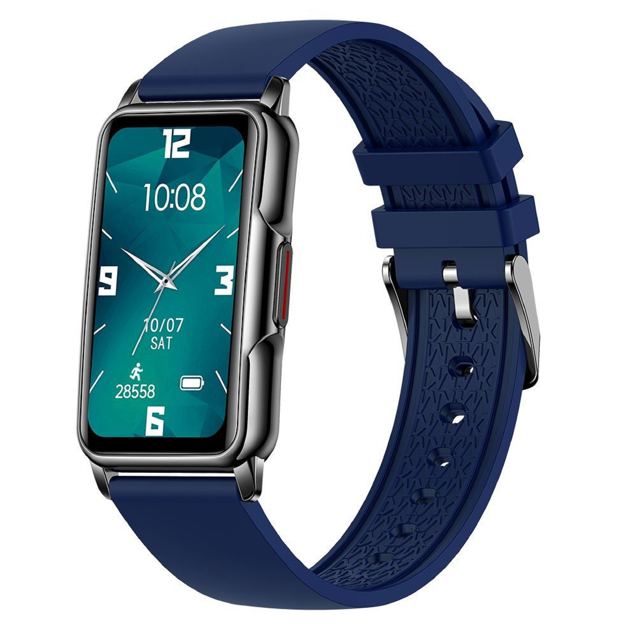 Eine marineblaue Smartwatch mit rechteckigem Zifferblatt. Der Bildschirm zeigt Zeit, Datum und Schritte an. Das Armband ist ebenfalls marineblau.