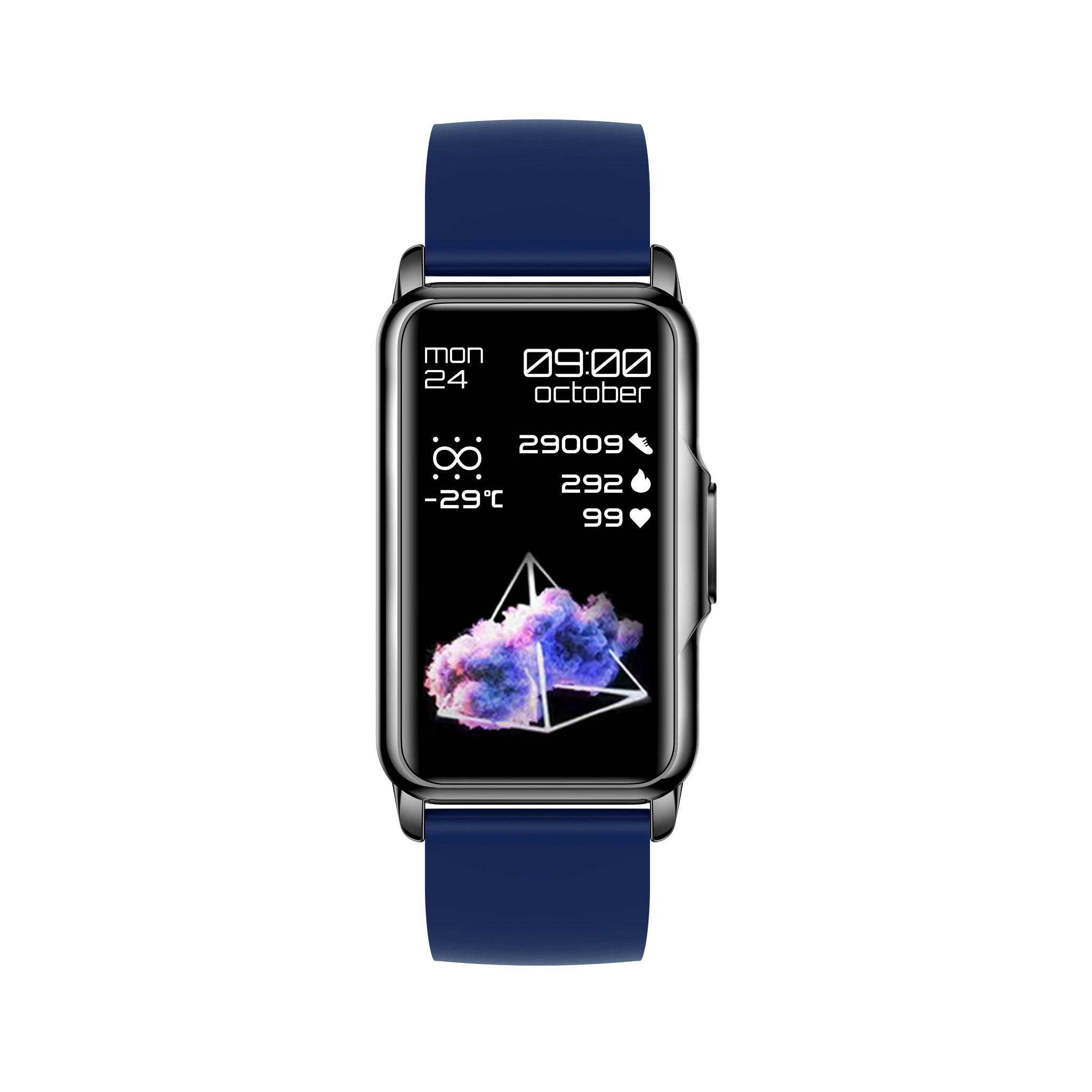 Eine Smartwatch mit dunkelblauem Armband. Der Bildschirm zeigt Zeit, Datum, Temperatur und andere Gesundheitsinformationen.