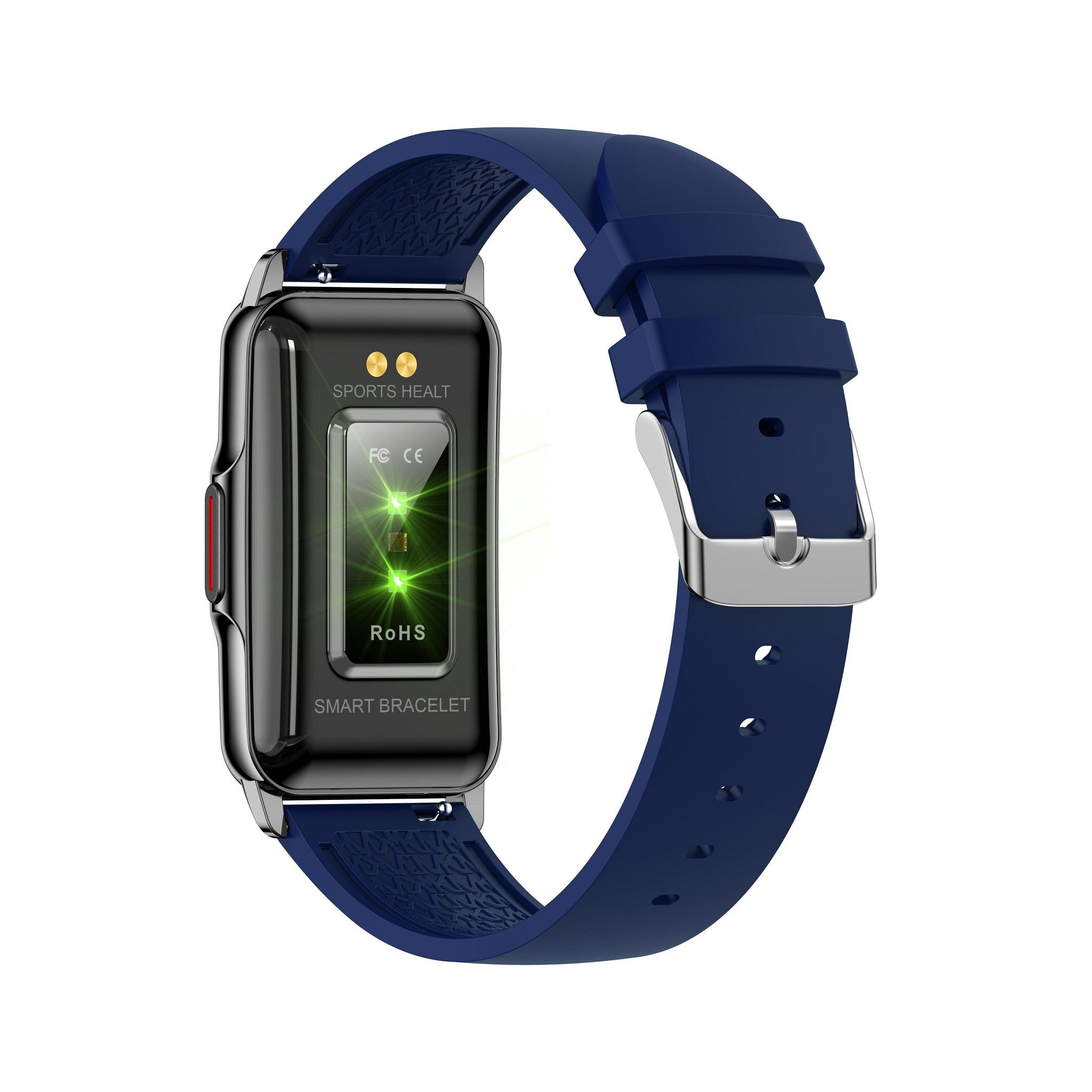 Dunkelgraues Smart-Armband mit blauem Armband. Der Bildschirm zeigt grüne Lichter und Text. Das Armband hat eine Metallschnalle.