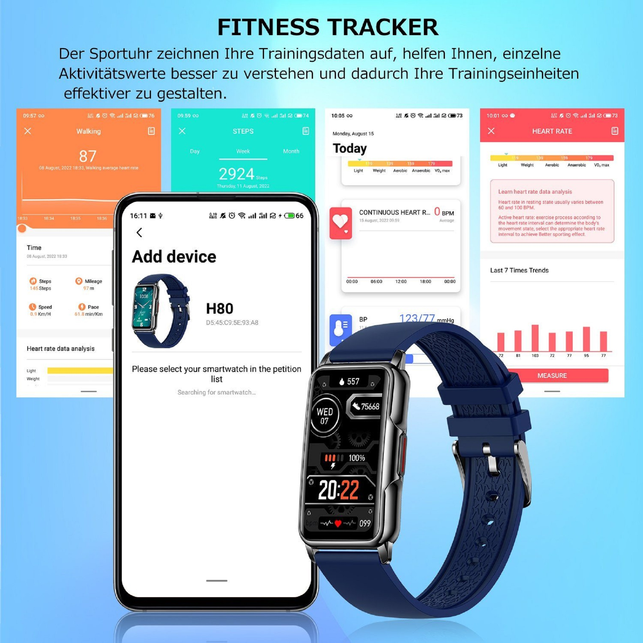 Fitness-Tracker-Oberfläche mit Gesundheitsdaten, einschließlich Schritte, Herzfrequenz und Zeit, mit Smartwatch.