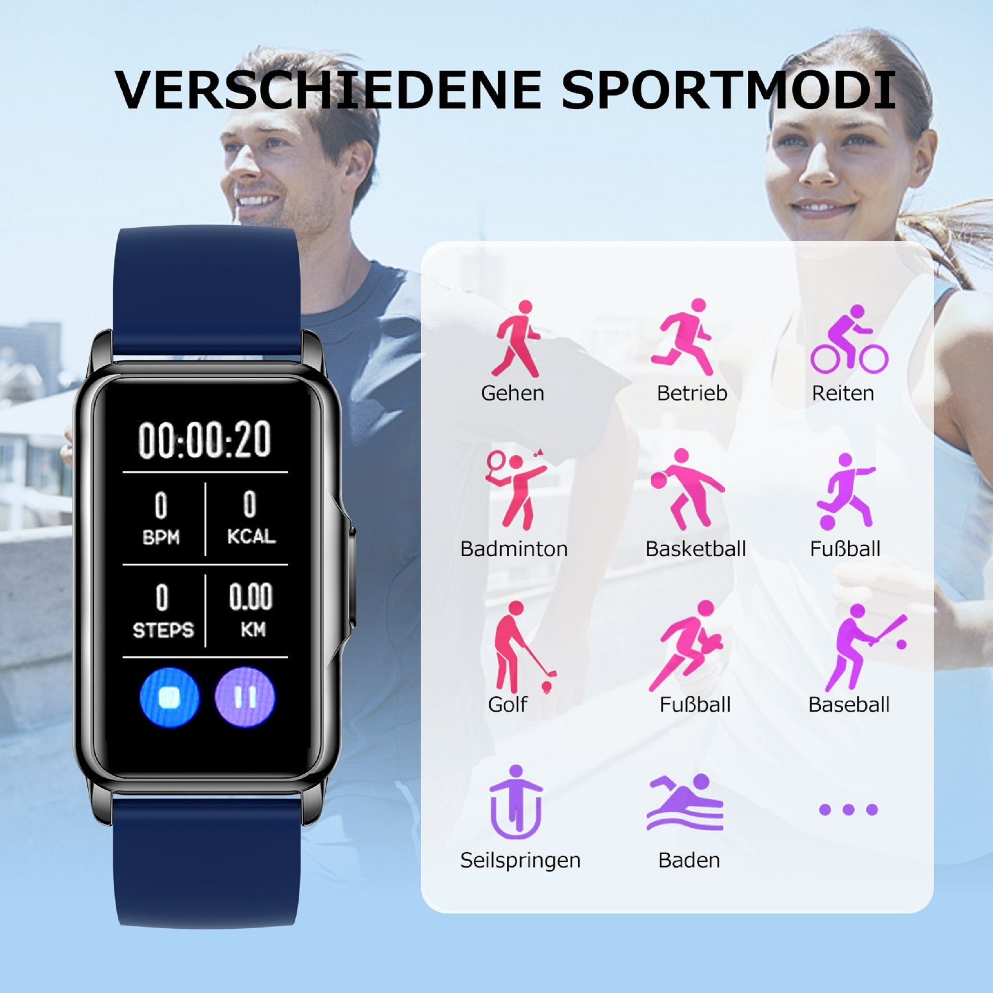 Eine Smartwatch zeigt Zeit, BPM, Kcal, Schritte und km an. Icons verschiedener Sportarten umgeben sie. Zwei Personen sind im Hintergrund.