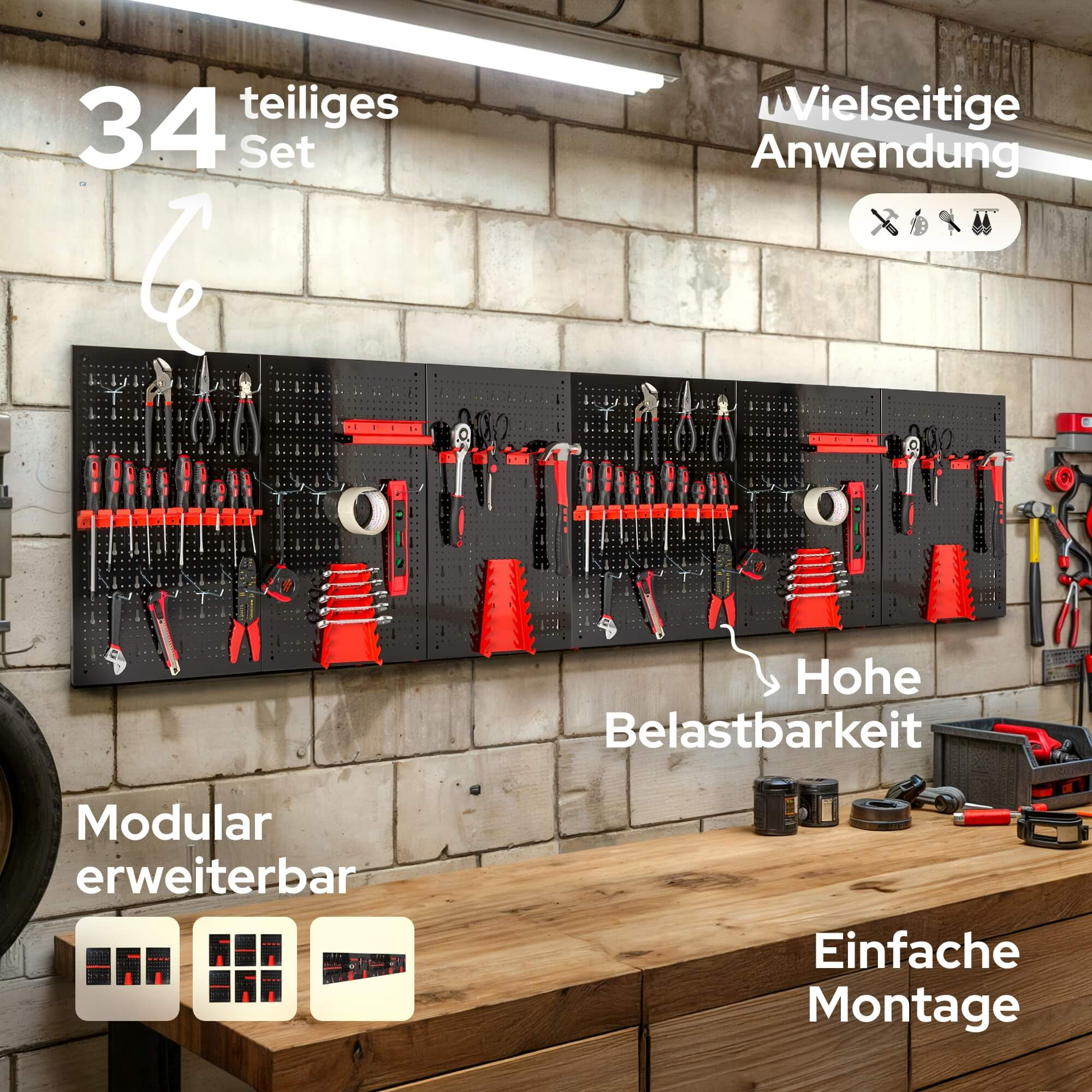 Eine schwarze Lochwand mit Werkzeugen. Rote und schwarze Werkzeuge sind auf der Tafel angeordnet, darunter eine Werkbank aus Holz. Ziegelmauer.