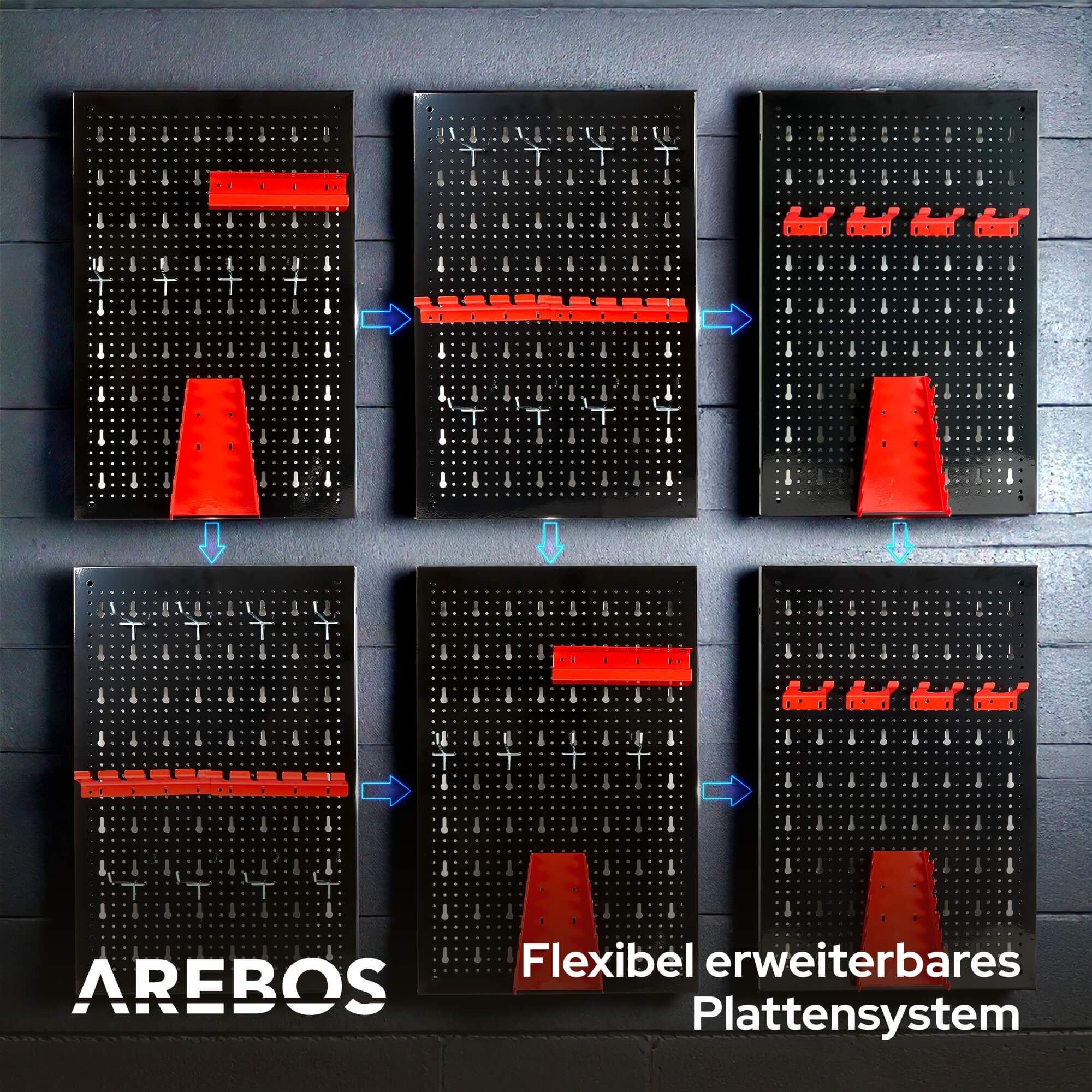 Schwarze Lochwände mit roten Zubehörteilen. Pfeile zeigen die Befestigung. Grauer Wandhintergrund. Text: Flexibel erweiterbares Plattensystem.