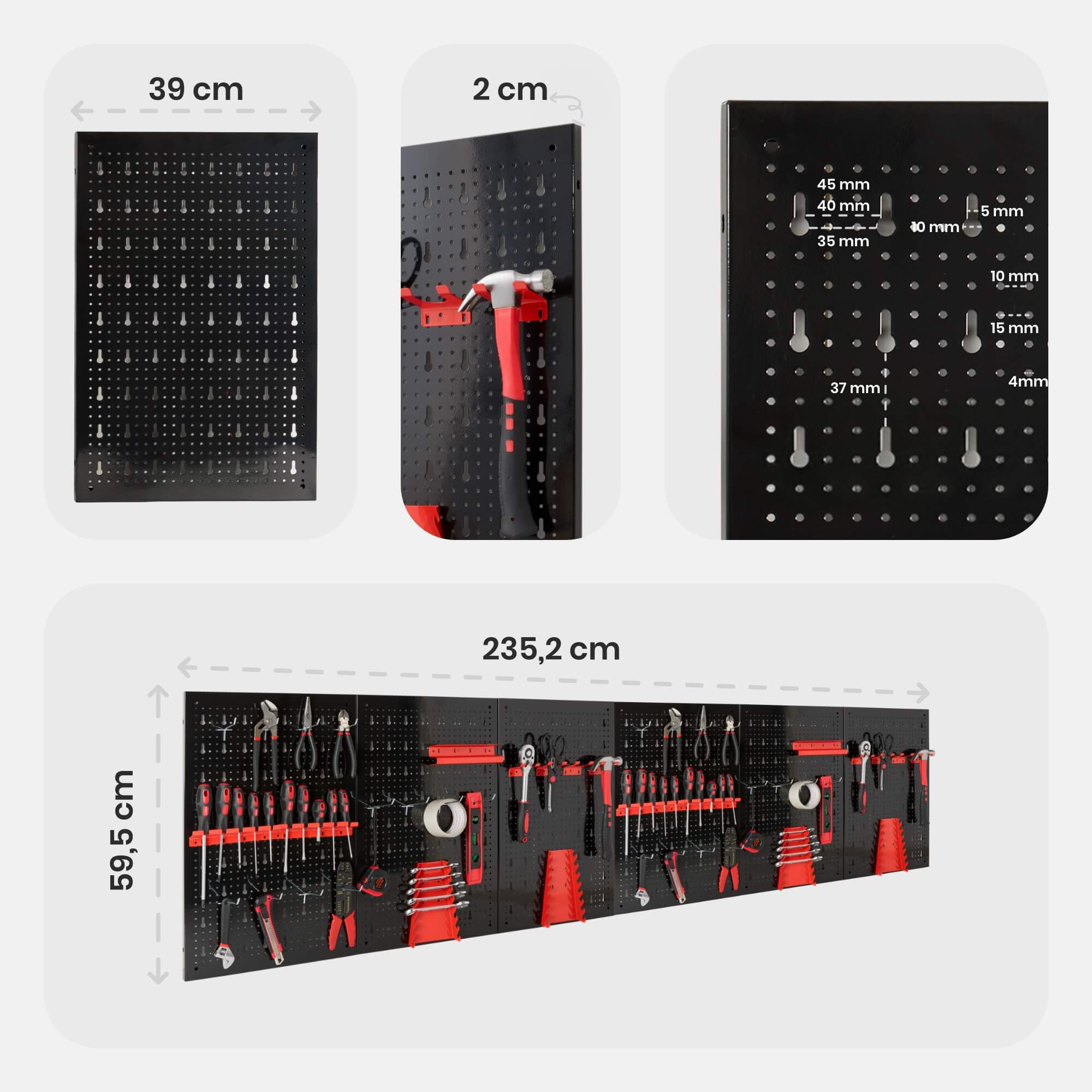 Eine schwarze Lochwand mit Werkzeugen. Ein Hammer ist auf der Tafel. Abmessungen sind beschriftet: 39 cm, 2 cm, 235,2 cm und 59,5 cm.