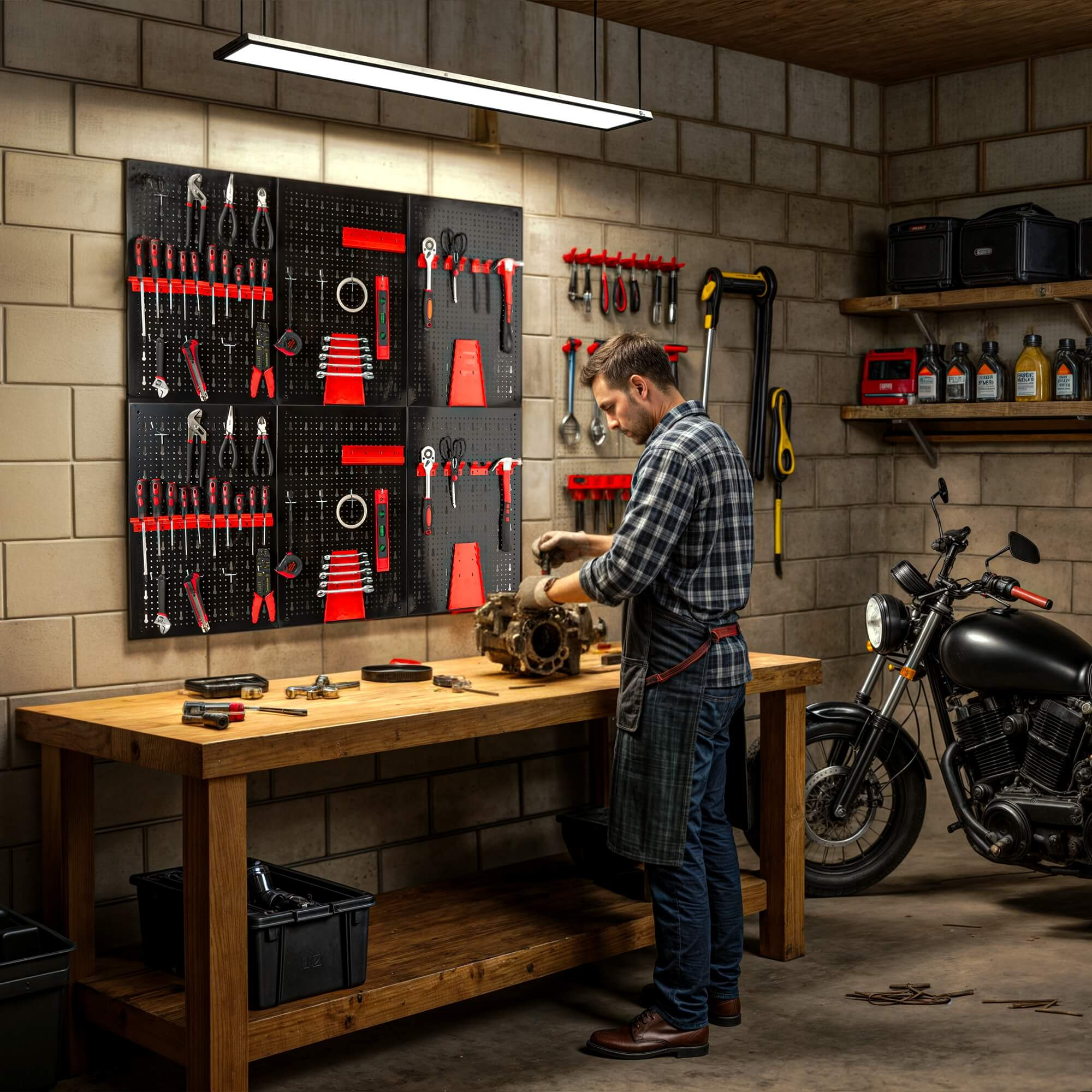 Mann in der Garage arbeitet an einem Motorradmotor. Werkzeuge an der Wand. Motorrad geparkt. Werkbank mit Werkzeugen.