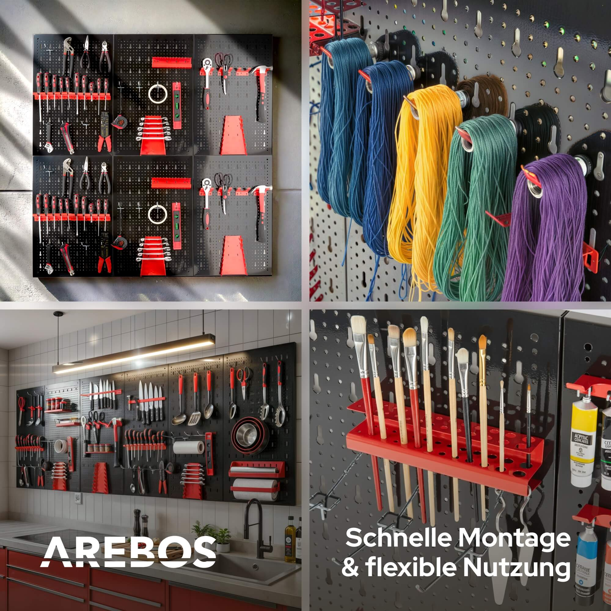 Werkzeugtafeln mit Werkzeugen, Kordeln, Pinseln und Farbflaschen. Schwarze Tafeln mit roten Werkzeughaltern. Küchen- und Werkstattszenen.