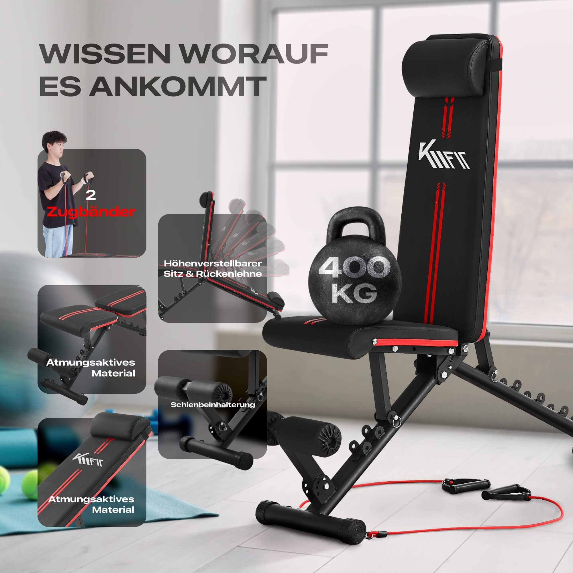 Eine Hantelbank mit einem Gewicht und eine Person, die Widerstandsbänder verwendet. Verschiedene Bankmerkmale werden gezeigt.
