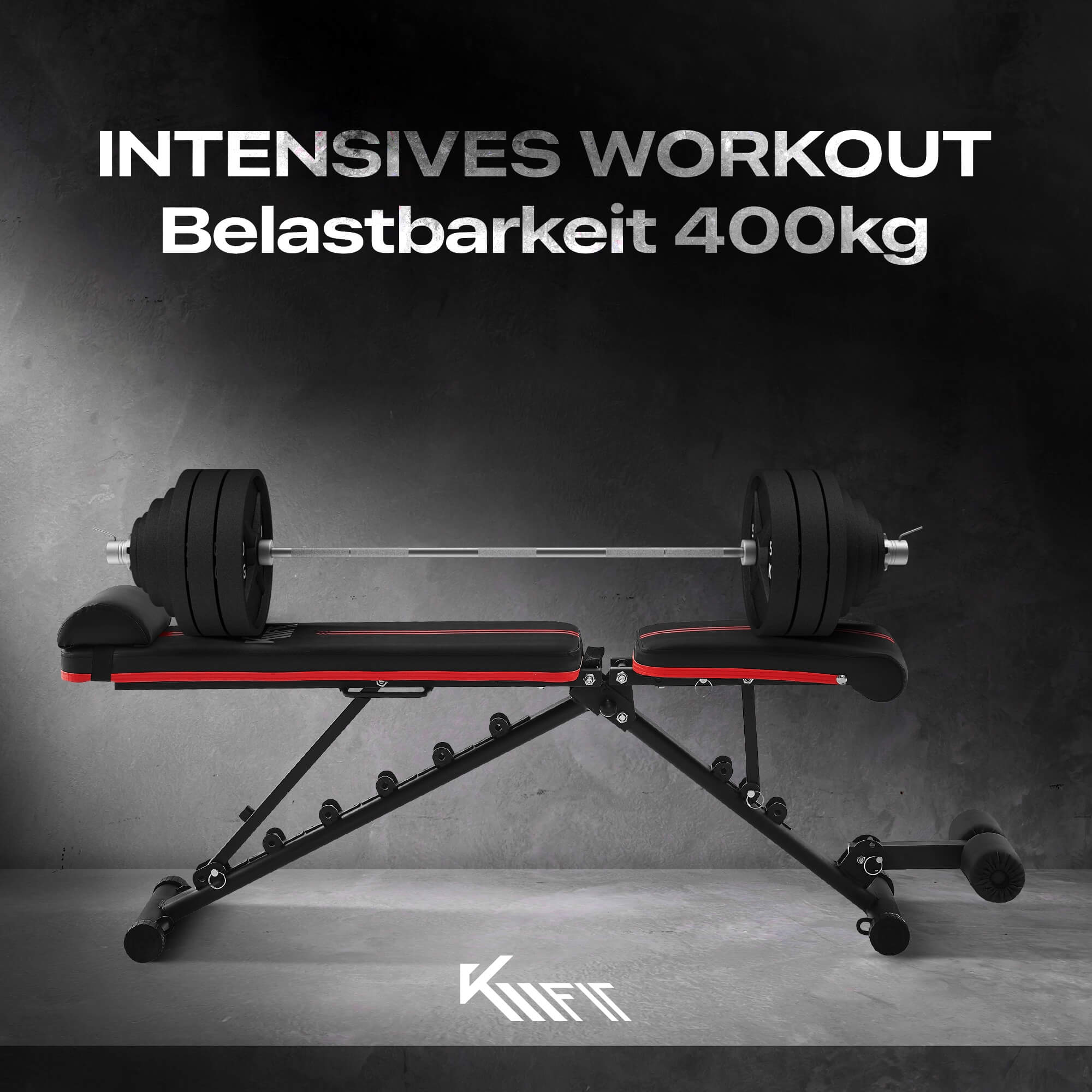 Schwarze Hantelbank mit Langhantel und Gewichten, Text: INTENSIVES WORKOUT Belastbarkeit 400kg, schwarzer Hintergrund, KIIFIT-Logo.
