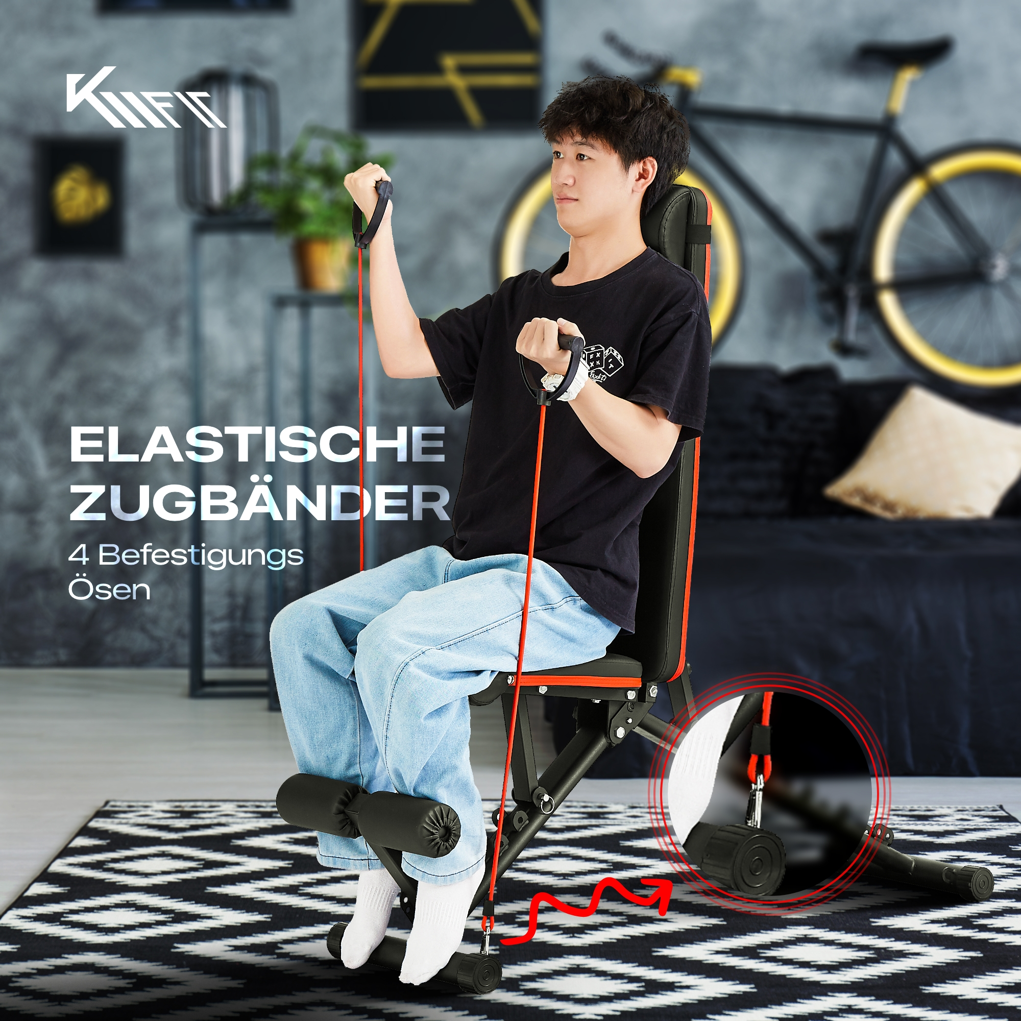 Ein Mann benutzt Gummibänder auf einer Trainingsbank. Schwarz-Weiß-Teppich im Vordergrund. Schwarzes Fahrrad im Hintergrund.