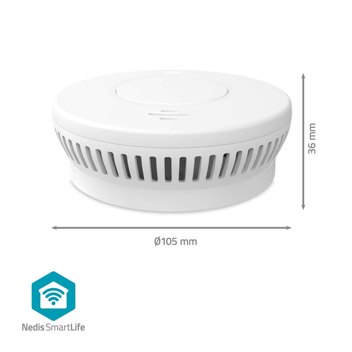 Ein weißer Rauchmelder mit den Maßen 36 mm Höhe und 105 mm Durchmesser. Ein Nedis SmartLife-Logo ist vorhanden.