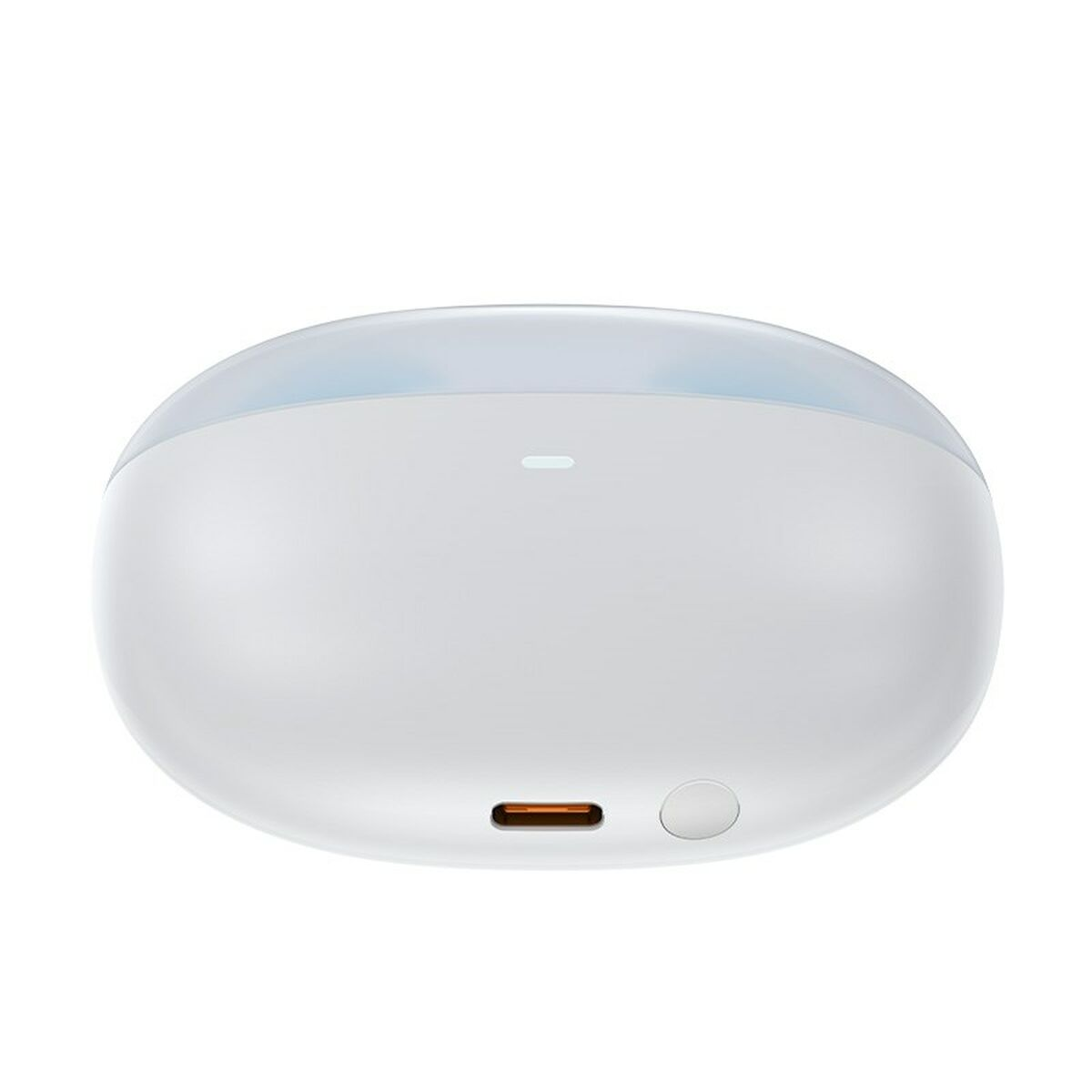 Białe, owalne etui ładujące z przeźroczystym wierzchem. Posiada port ładowania, przycisk i małą lampkę kontrolną.
