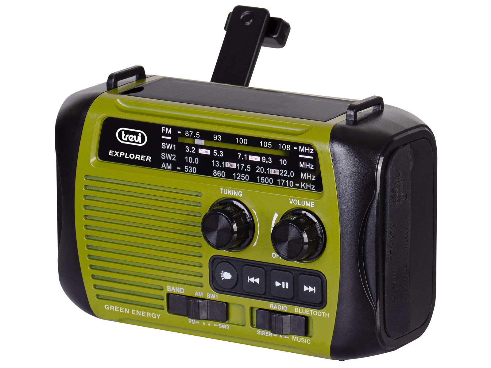 Grünes und schwarzes tragbares Radio. Verfügt über ein Solarpanel, Drehknöpfe und Funktionstasten. Zeigt FM/AM-Frequenzen an.