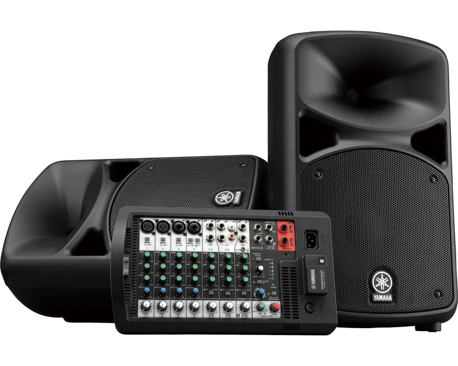 Un set di sistemi audio Yamaha. Include un mixer, due altoparlanti e un'uscita subwoofer, tutto in nero.