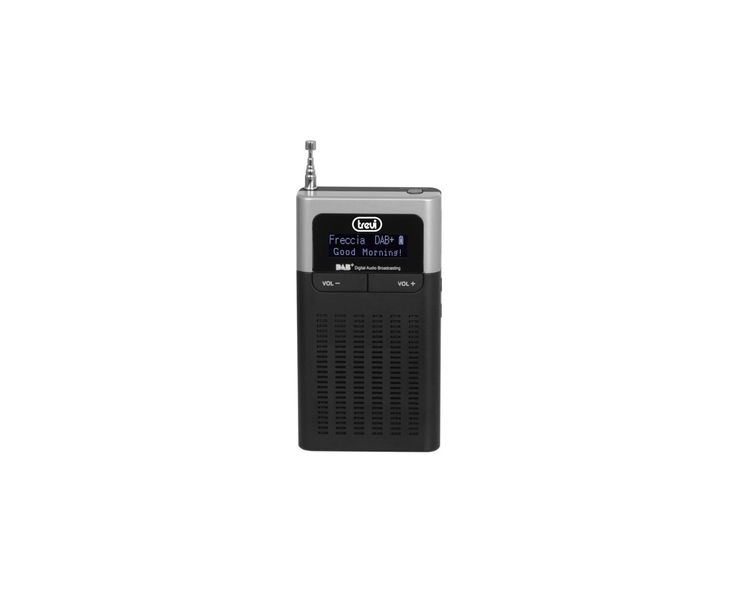 Una radio Trevi Freccia DAB+ argento e nera. Lo schermo mostra 'Good Morning!'. Ha pulsanti volume e un'antenna.