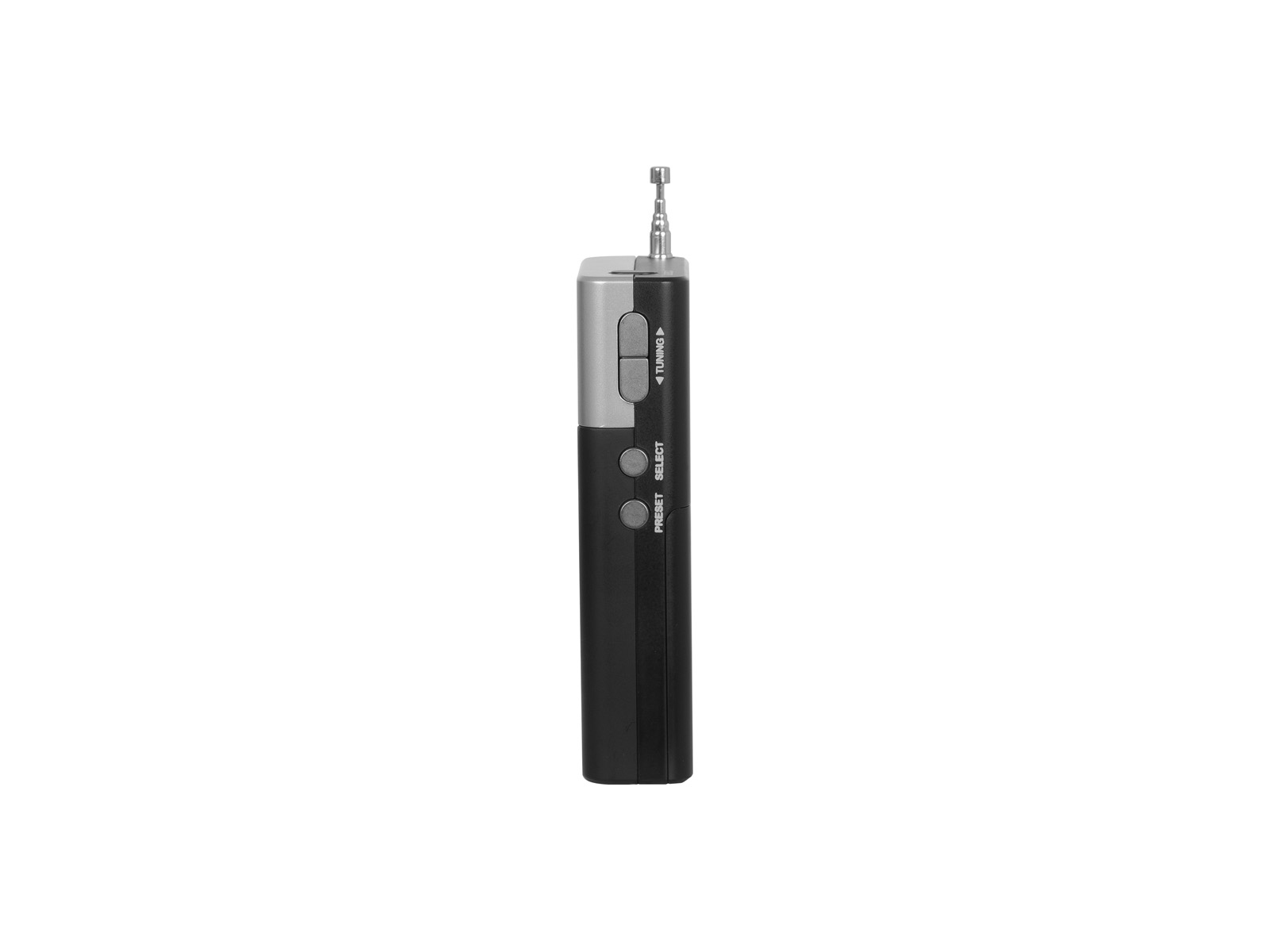 Una radio nera e argento con antenna. Ha pulsanti con le etichette 'PRESET', 'SELECT' e '<lt/> TUNING <gt/>'.