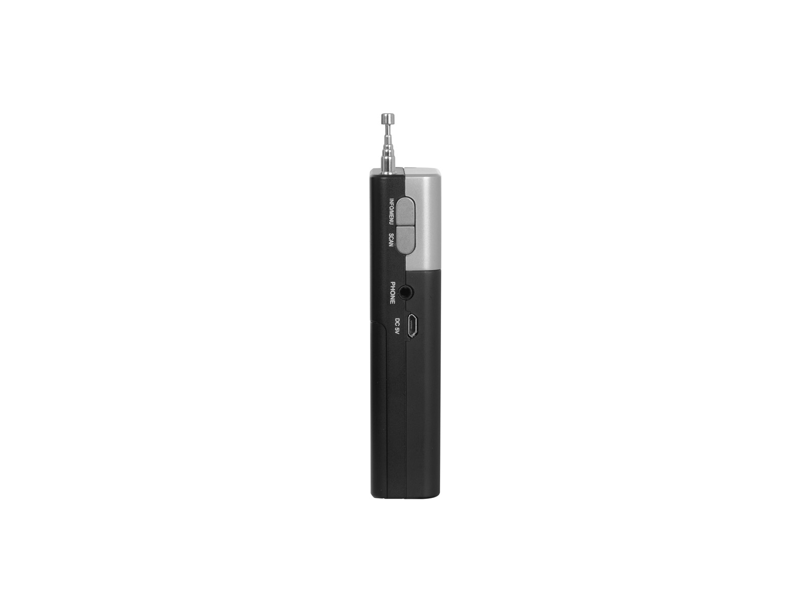 Una piccola radio nera e argento con antenna. I pulsanti includono Info/Menu, Scan, Telefono e CC 5V. Su sfondo bianco.