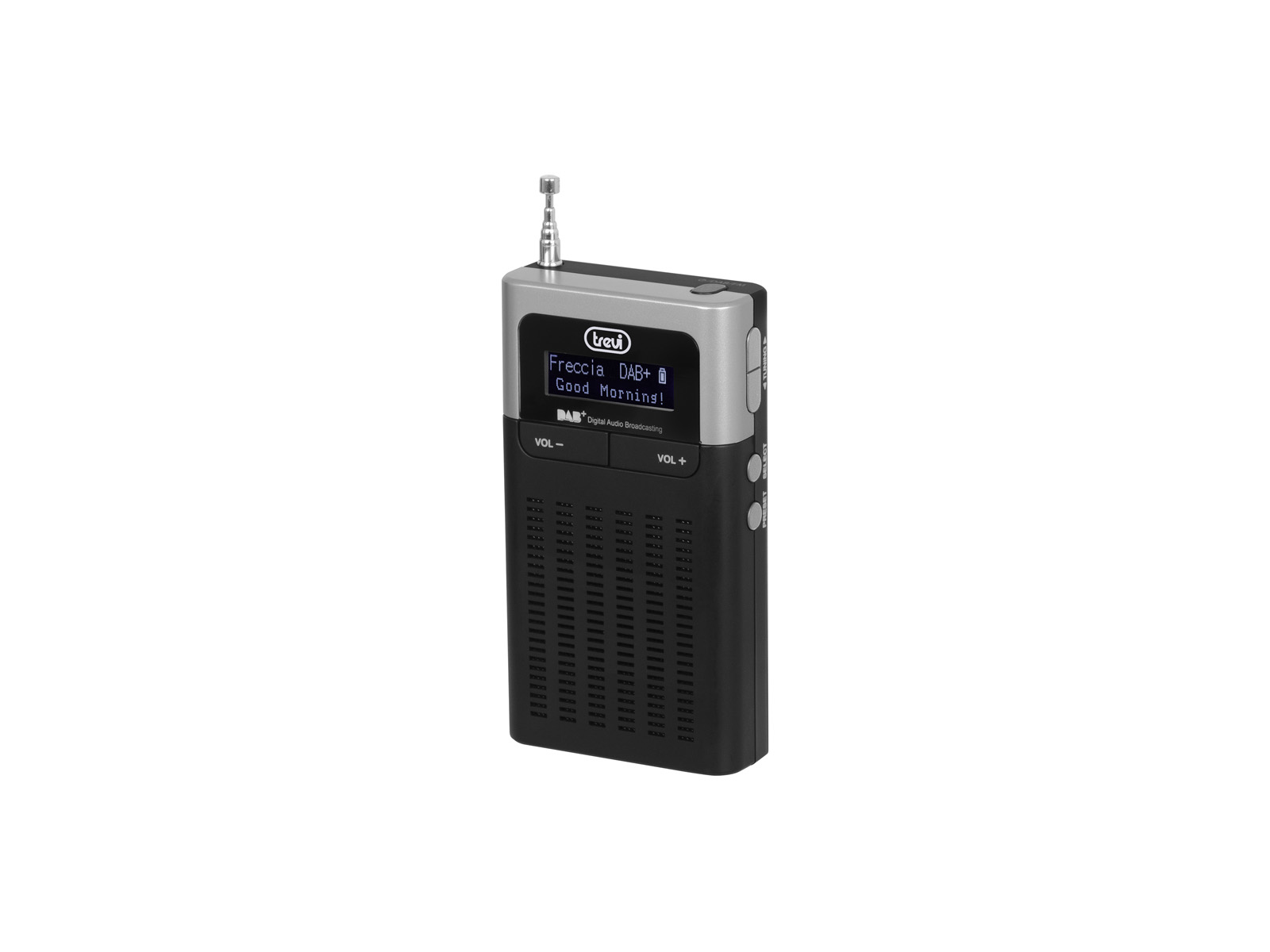 Una radio Trevi DAB+ nera e argento. Lo schermo mostra 'Freccia DAB+ Good Morning!'. L'antenna è estesa.