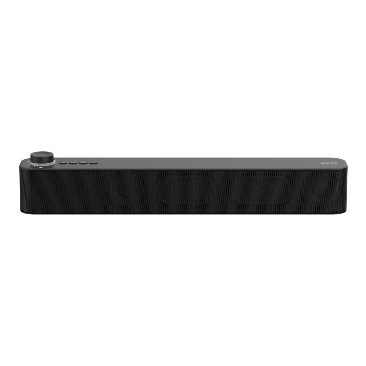 Eine schwarze Atlantis-Soundbar mit einem Bedienknopf und Tasten auf der linken Seite. Der Lautsprecher hat mehrere Lautsprecherlöcher und den Markennamen rechts.