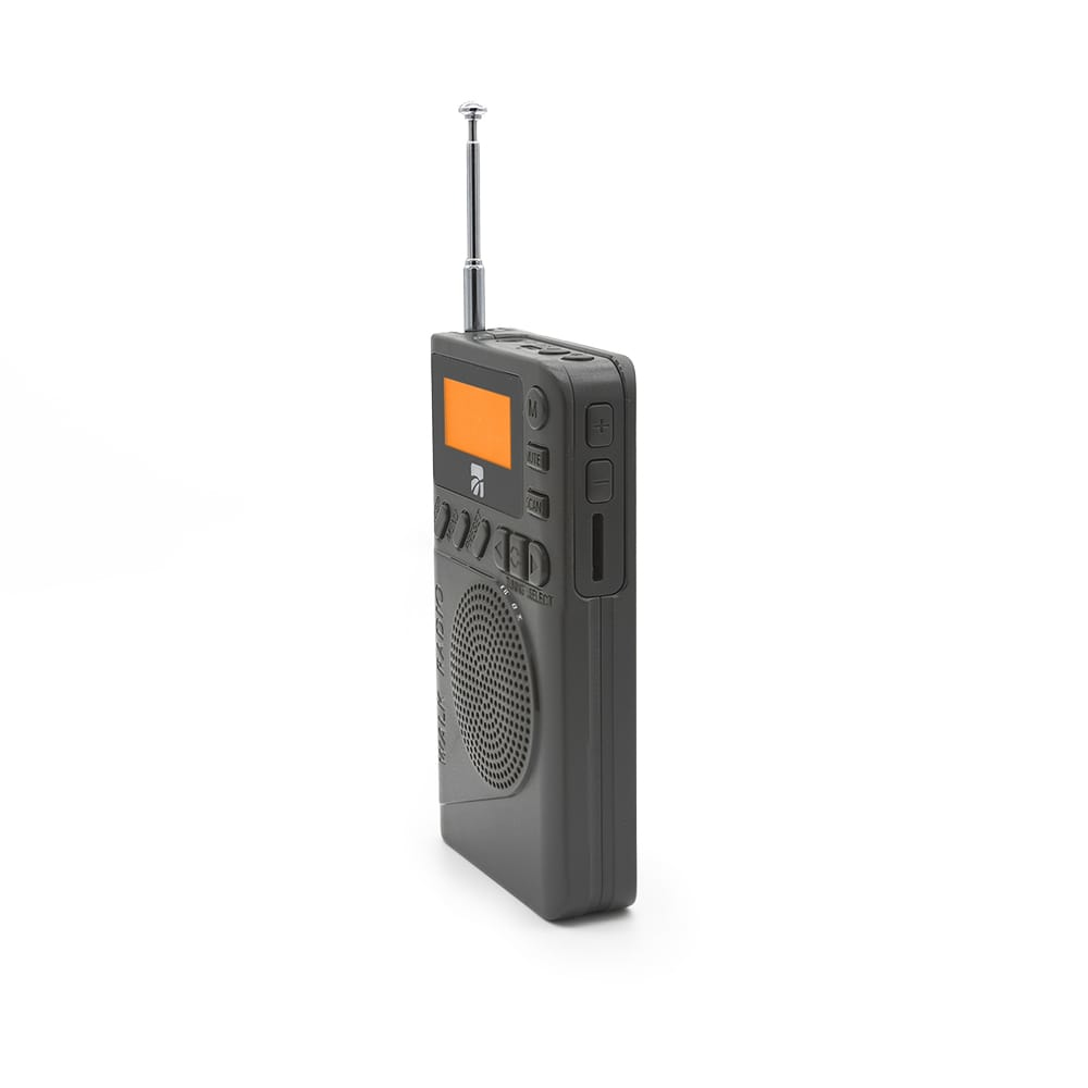 Una radio portatile grigia con antenna. Ha un display arancione e pulsanti. Lo sfondo è bianco.
