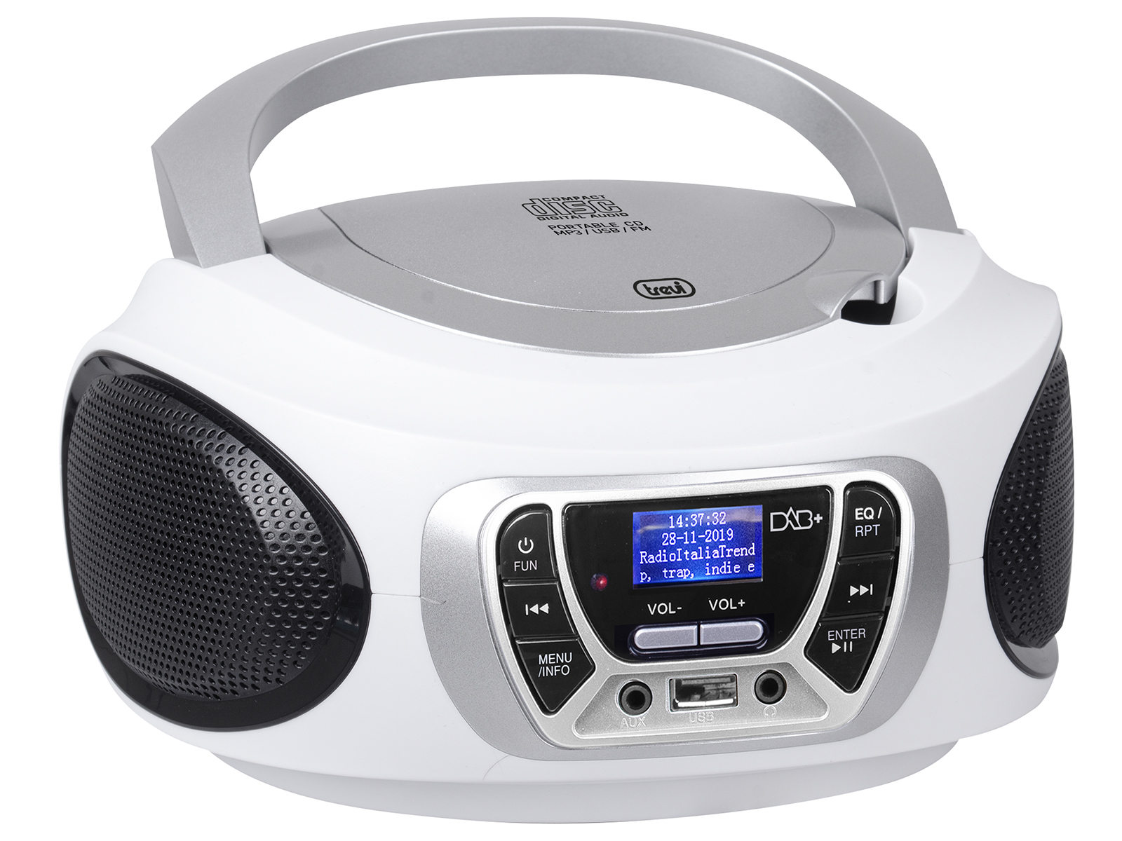 Una radio portatile bianca e argento con maniglia, altoparlanti e display digitale. Ha pulsanti e porte per varie funzioni.