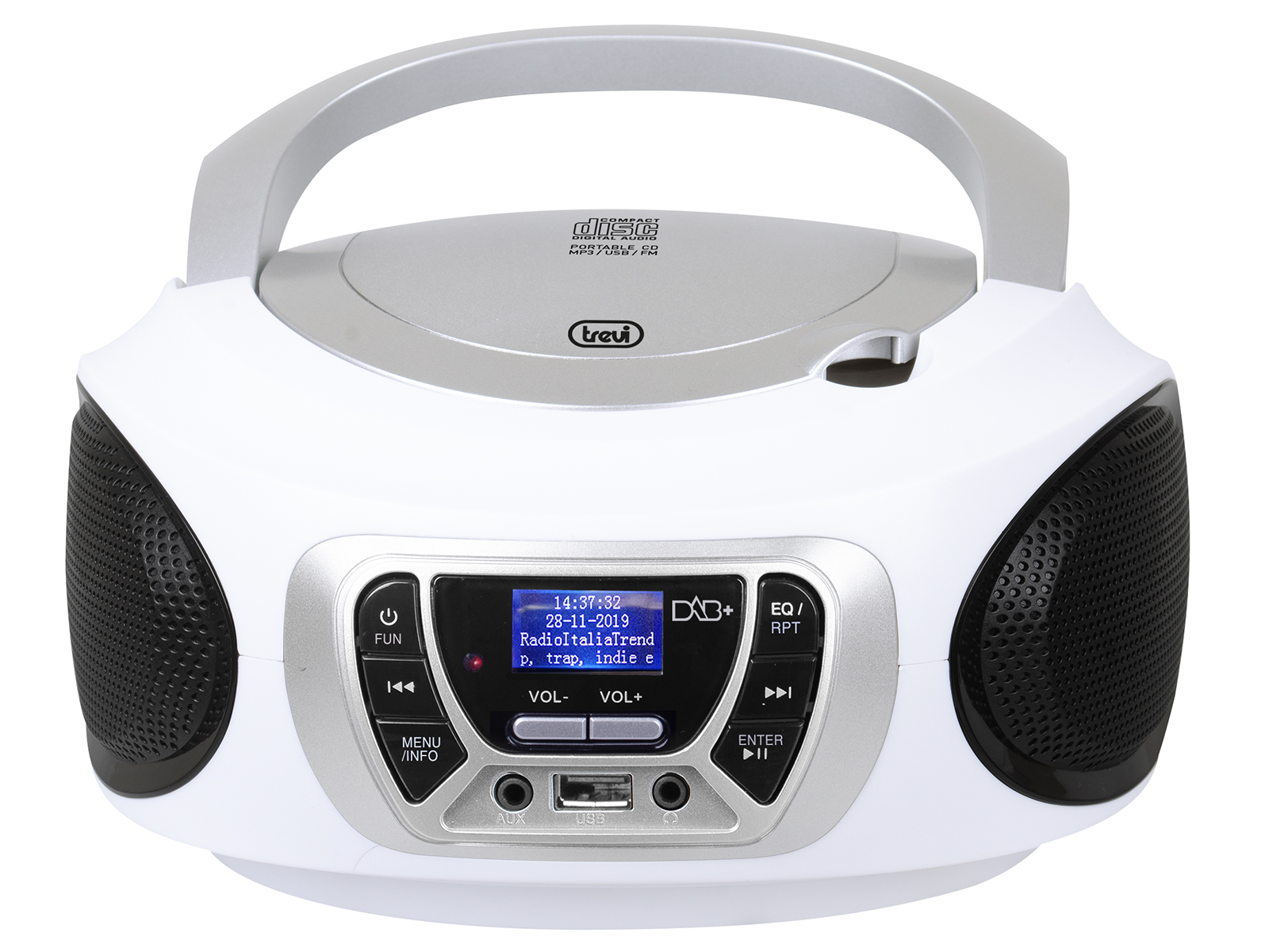Lettore CD portatile bianco e argento con altoparlanti e display con ora, data e informazioni sulla stazione radio.