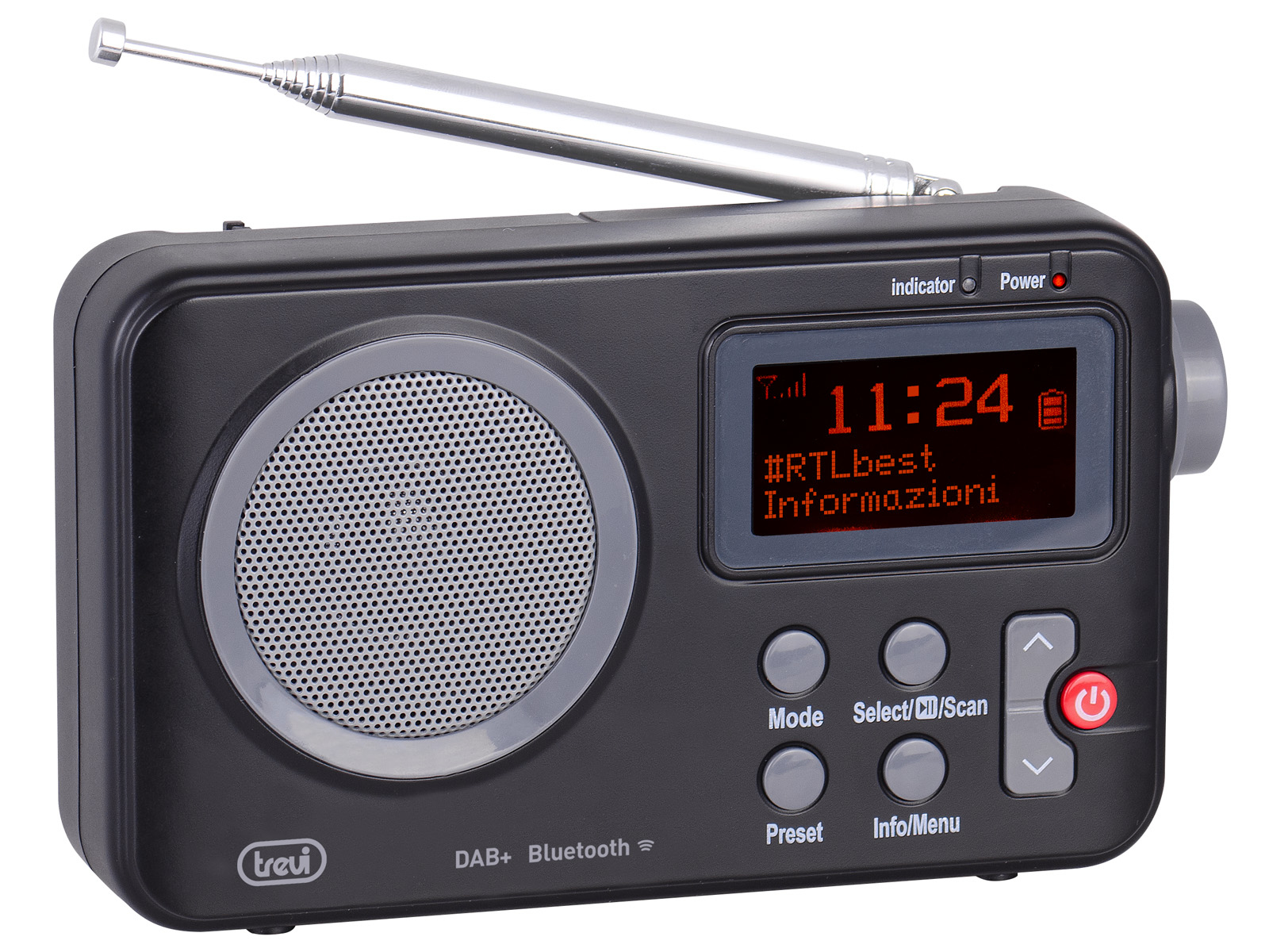 Schwarzes Radio mit Silberantenne. Es hat ein Display mit Uhrzeit und Radiosenderinformationen. Knöpfe sind sichtbar.