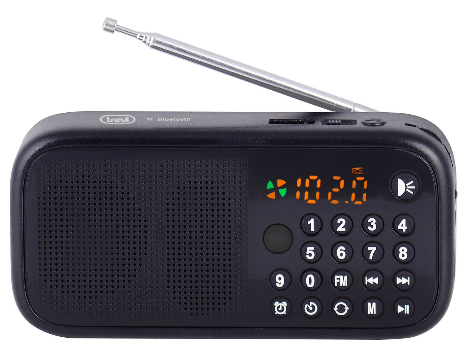 Schwarzes Radio mit Antenne und Display, das 102.0 anzeigt. Es hat Knöpfe und einen Lautsprecher. Die Marke ist Trevi.