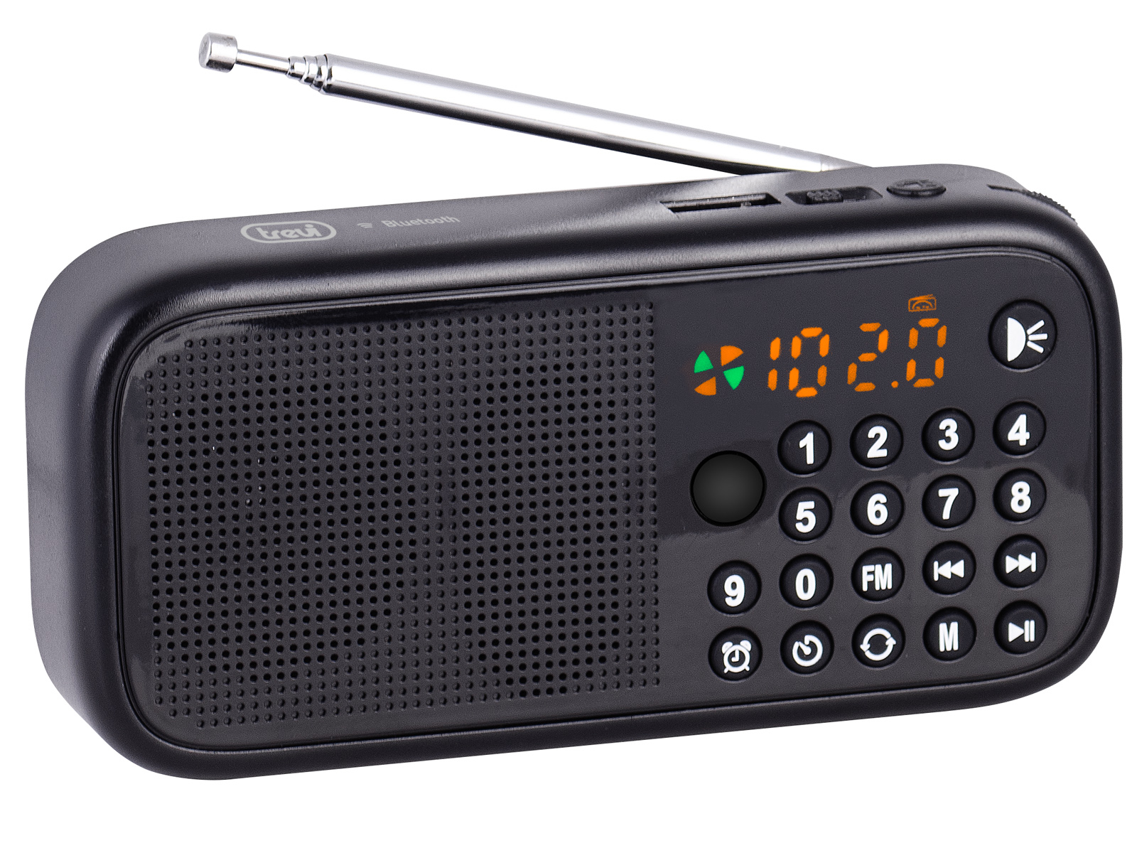 Schwarzes Radio mit Antenne, Digitalanzeige mit 102,0 und Tasten zur Steuerung. Lautsprecher sichtbar.