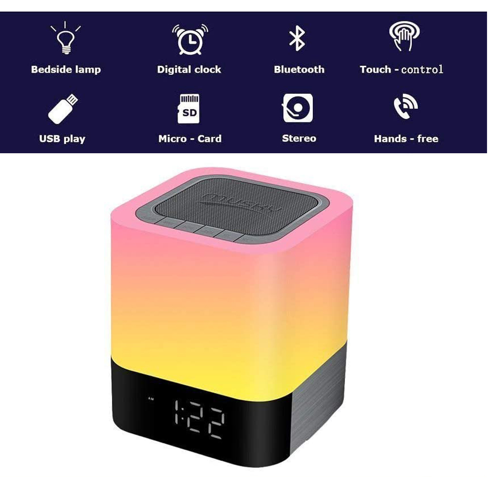 Eine Lampe mit Farbverlauf und Digitaluhr. Sie hat einen rosa bis gelben Farbverlauf. Die Uhr zeigt 1:22. Zu den Funktionen gehören Bluetooth und Touch-Steuerung.