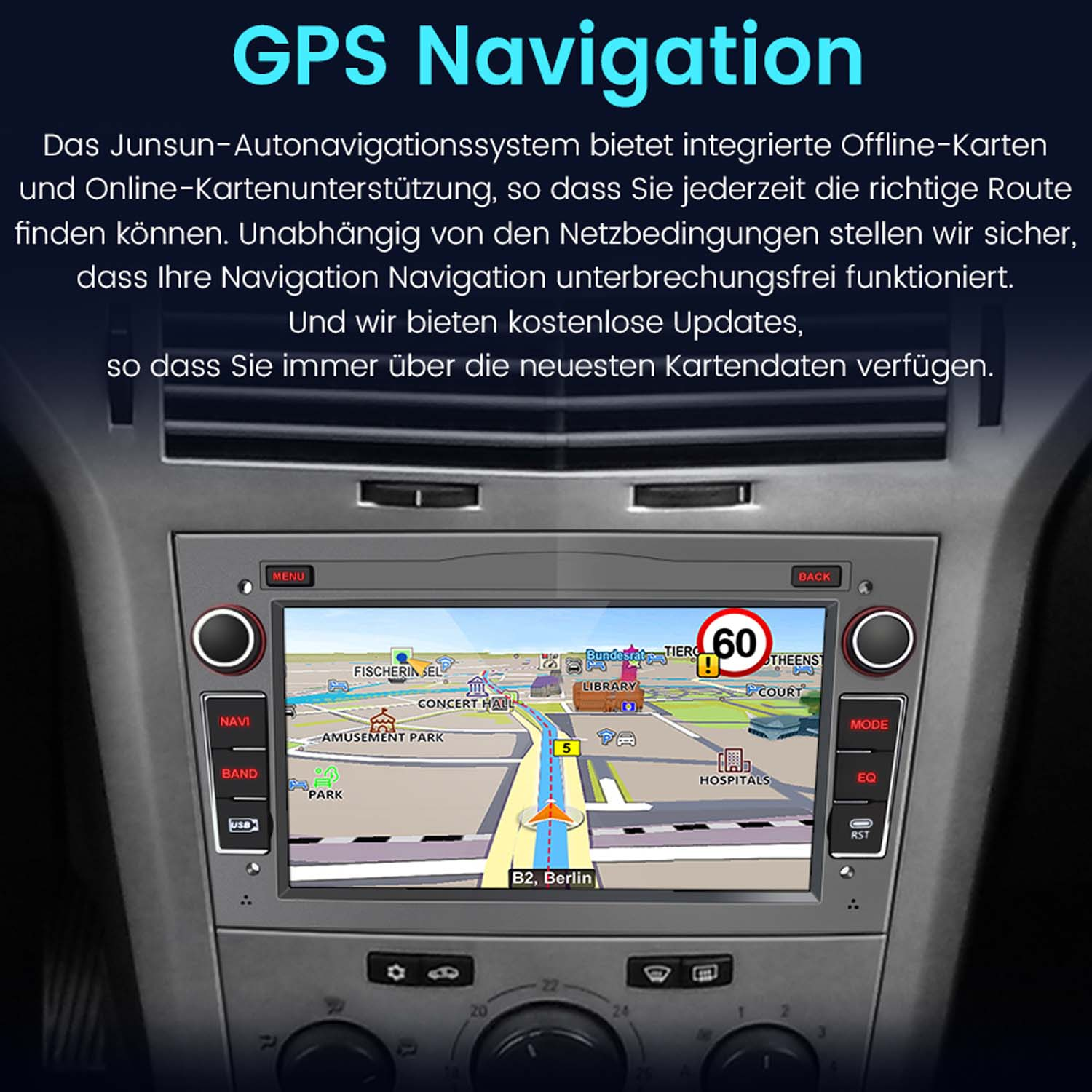 Ein Auto-Navigationssystem-Bildschirm zeigt eine Karte mit Sehenswürdigkeiten, ein Geschwindigkeitsbegrenzungsschild und Bedienelemente.