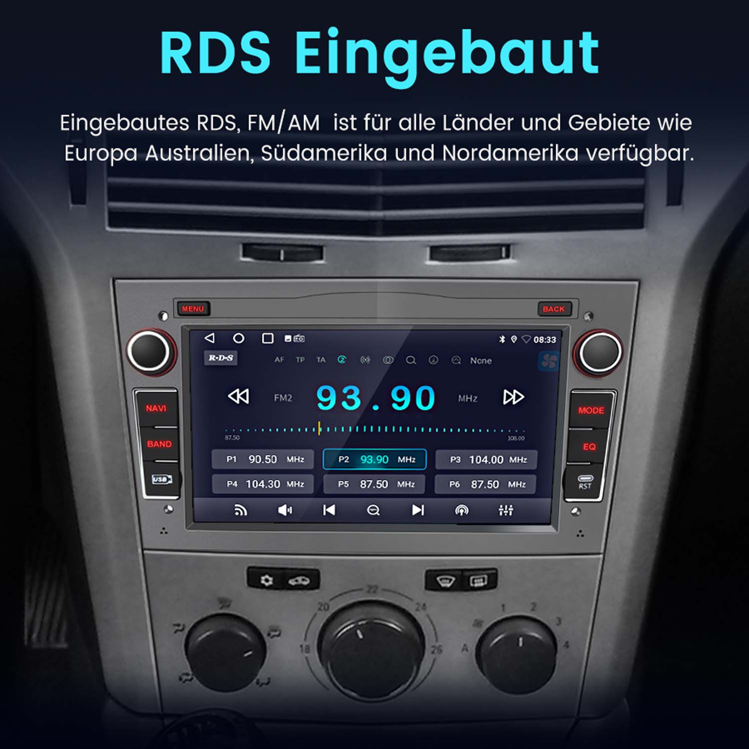 Autoradio-Bildschirm mit FM-Radio-Informationen, Tasten und Knöpfen zur Steuerung. Der Bildschirm zeigt '93.90 MHz'.