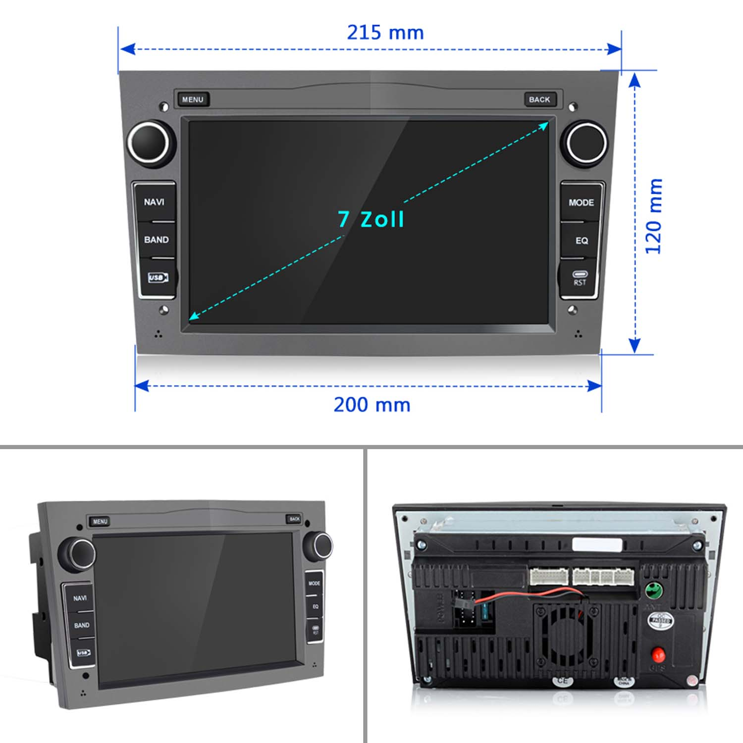 Autoradio mit 7-Zoll-Bildschirm, Tasten für Menü, Navi, Band und Modus. Abmessungen 215x120mm. Rückseite zeigt Verkabelung und Lüfter.