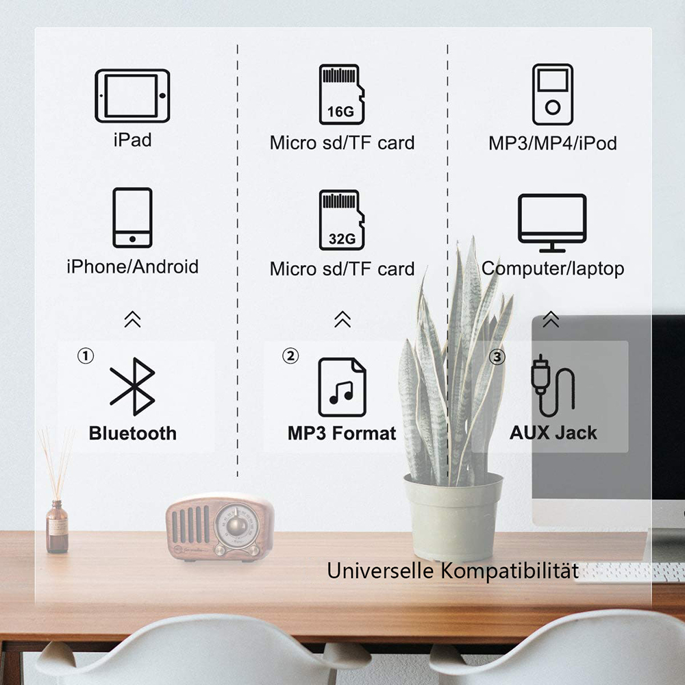 Diagramm zeigt universelle Kompatibilität mit Geräten wie iPad, iPhone und MP3-Playern über Bluetooth, AUX und SD-Karten.