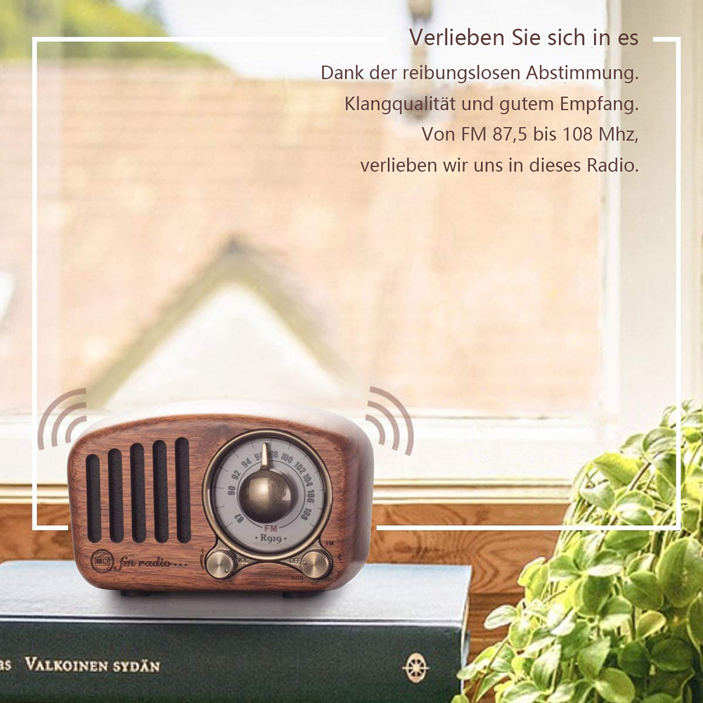Ein hölzernes Retro-Radio auf Büchern, in der Nähe eines Fensters mit einer Pflanze. Text in deutscher Sprache wirbt dafür: FM-Radio 87,5 bis 108 MHz.